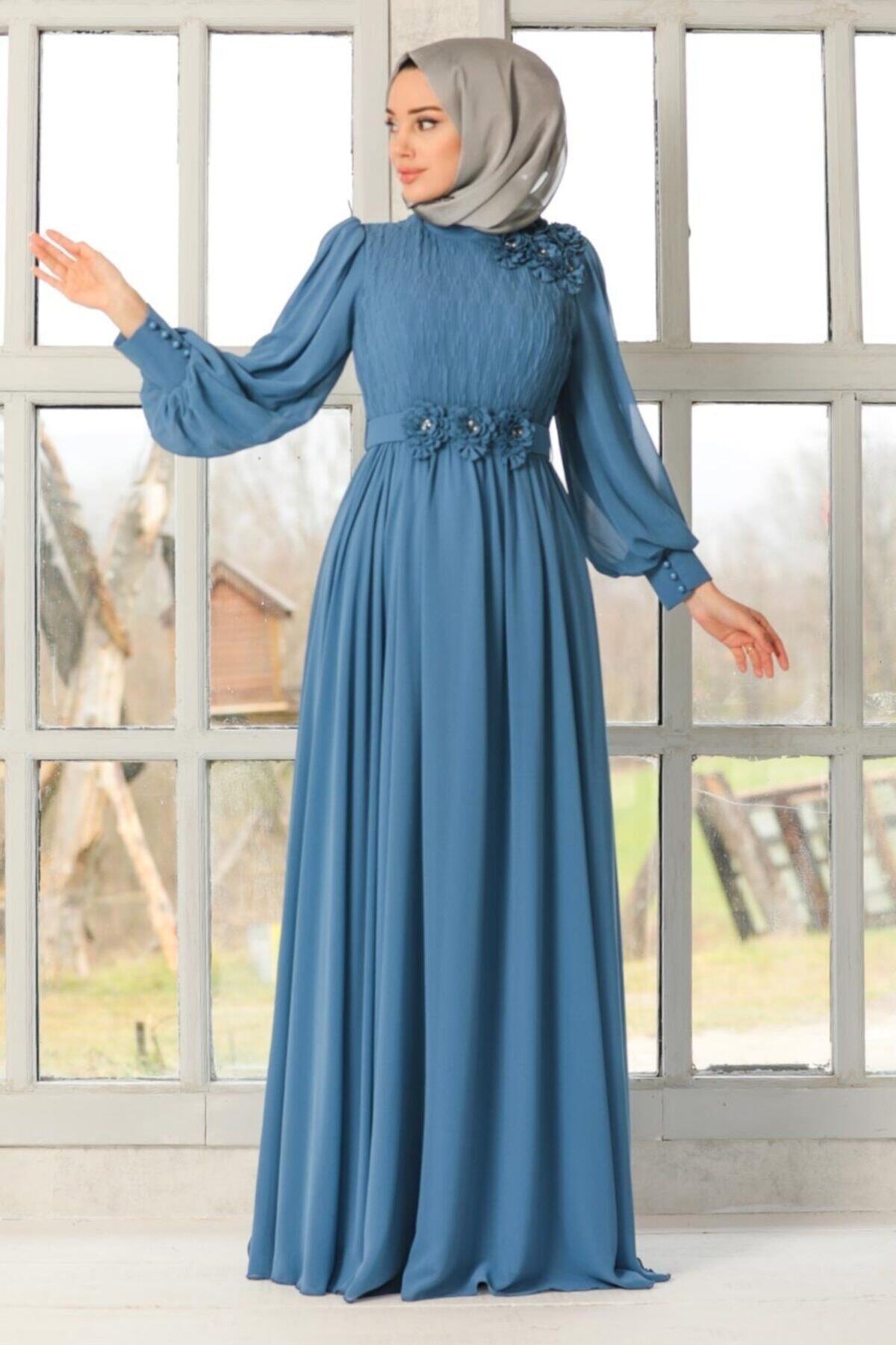 Neva Style Tesettürlü Abiye Elbise - Çiçek Detaylı Indigo Mavisi Tesettür Abiye Elbise 21951ım