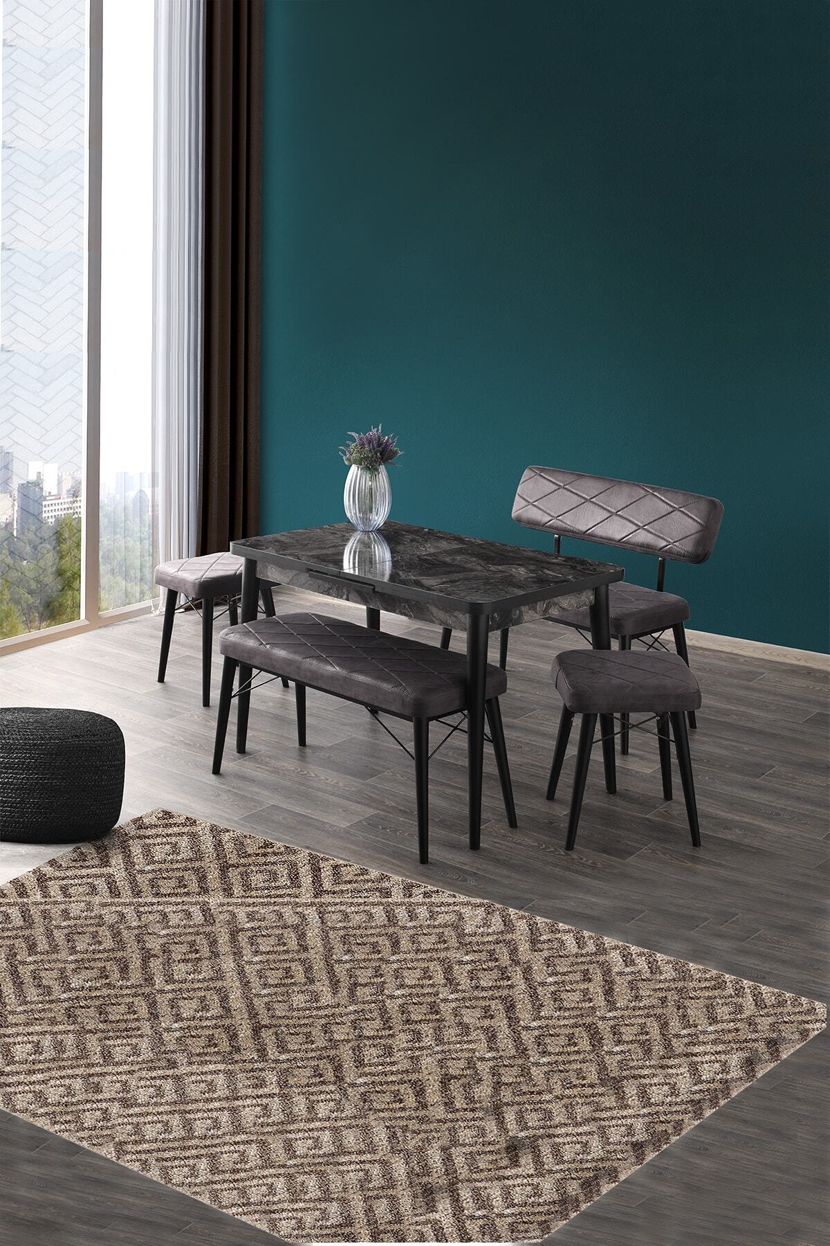 Mobesko AVM Siyah Mermer Desenli 120 X 70 Cm Bench Ve Tabureli Açılabilir Yemek Ve Mutfak Masa Takımı