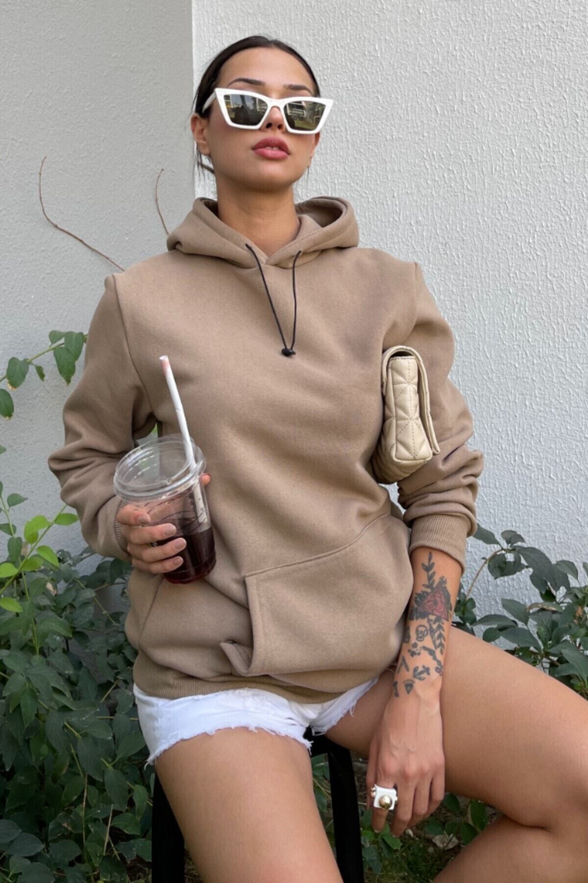 MODAGEN Kadın Oversize Kapşonlu Sweatshirt Kum Beji