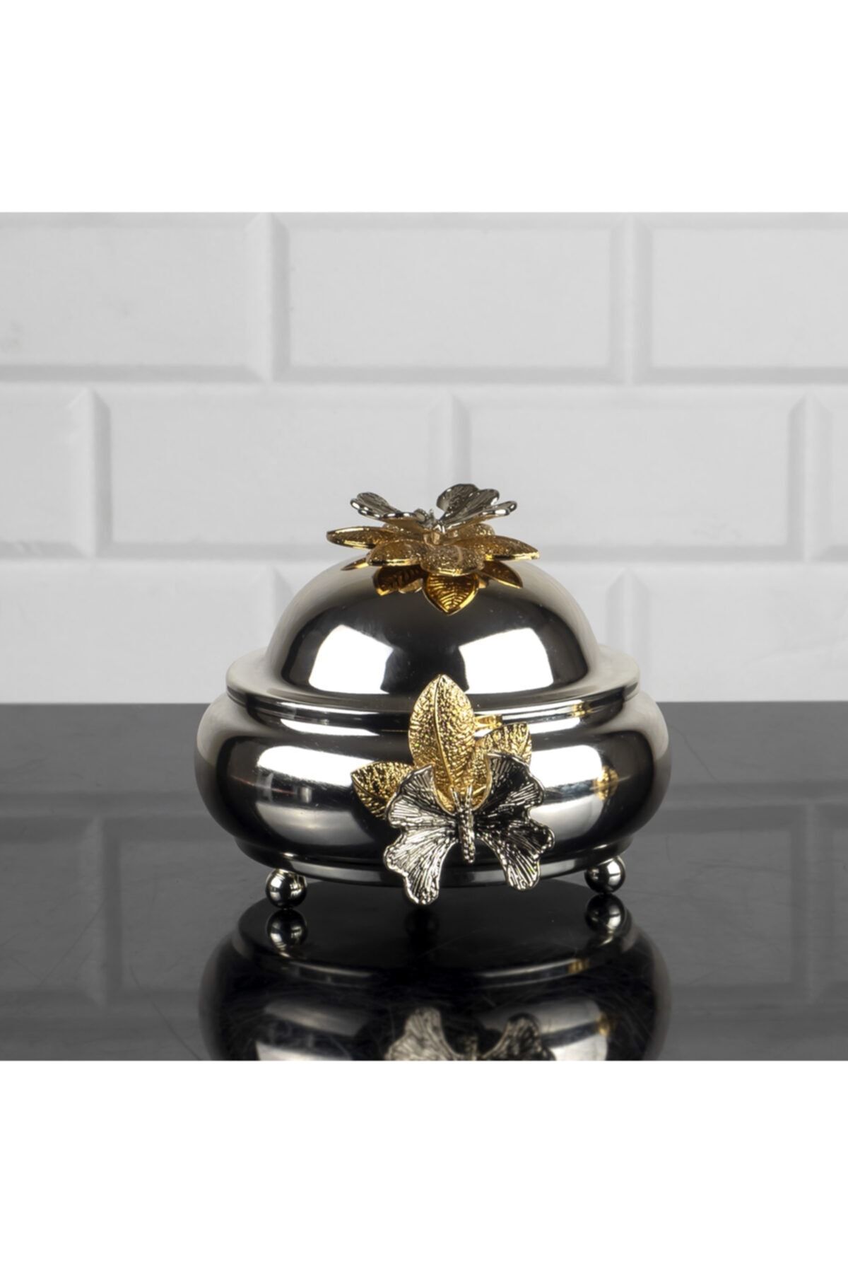 Zeyve Yakut Zamak Kulplu Metal Kapaklı Şekerlik Ikramlık Gümüş 17x15x13cm