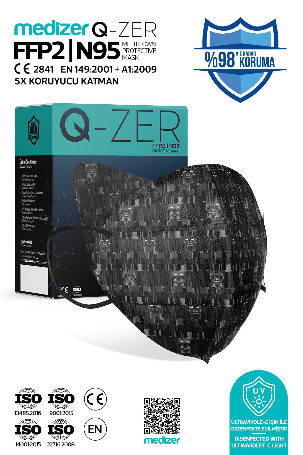 Medizer Qzer Siyah Erkek Desenli N95 Maske 10 Adet