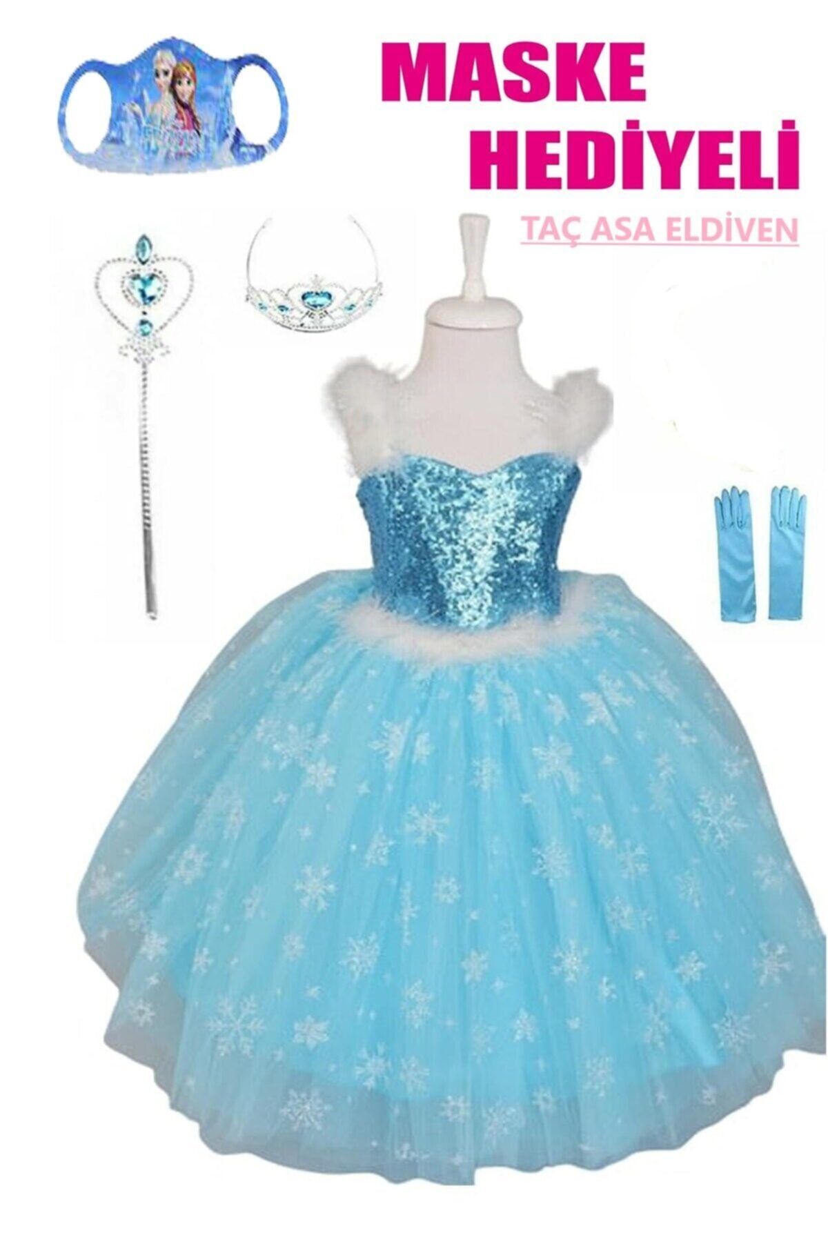 parti selesi Elsa Kostümü - Frozen Elbise - Askılı Tarlatanlı - Maske Eldiven Taç Asa Kostüm