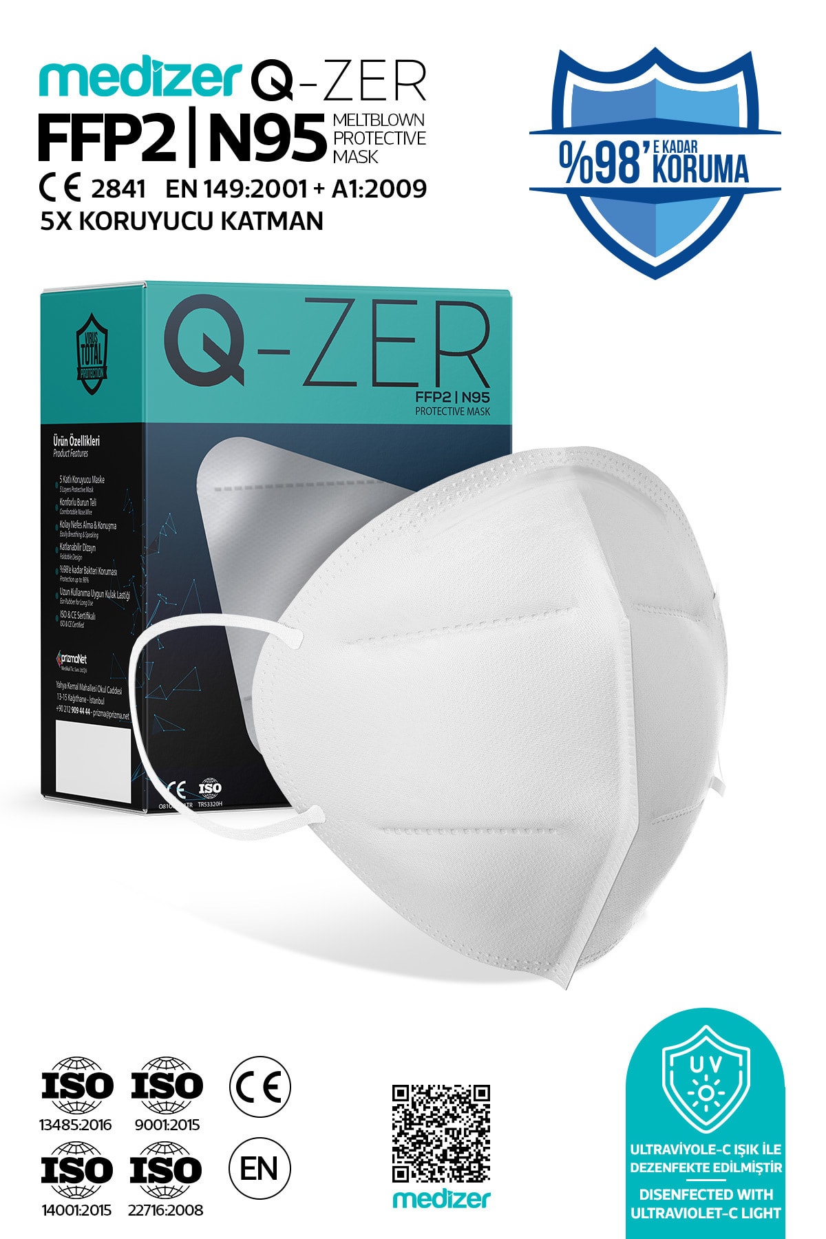 Medizer Qzer Beyaz N95 Maske 30 Adet