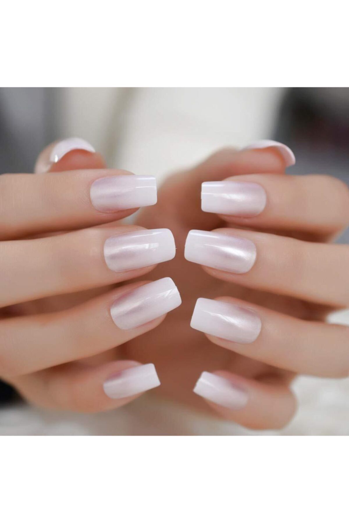 EDA LUXURY BEAUTY Inci Pembe Beyaz Ombre French Takma Tırnak Lüks Parlak Doğal Uzun Kare Nail Art Yapıştırıcılı Set