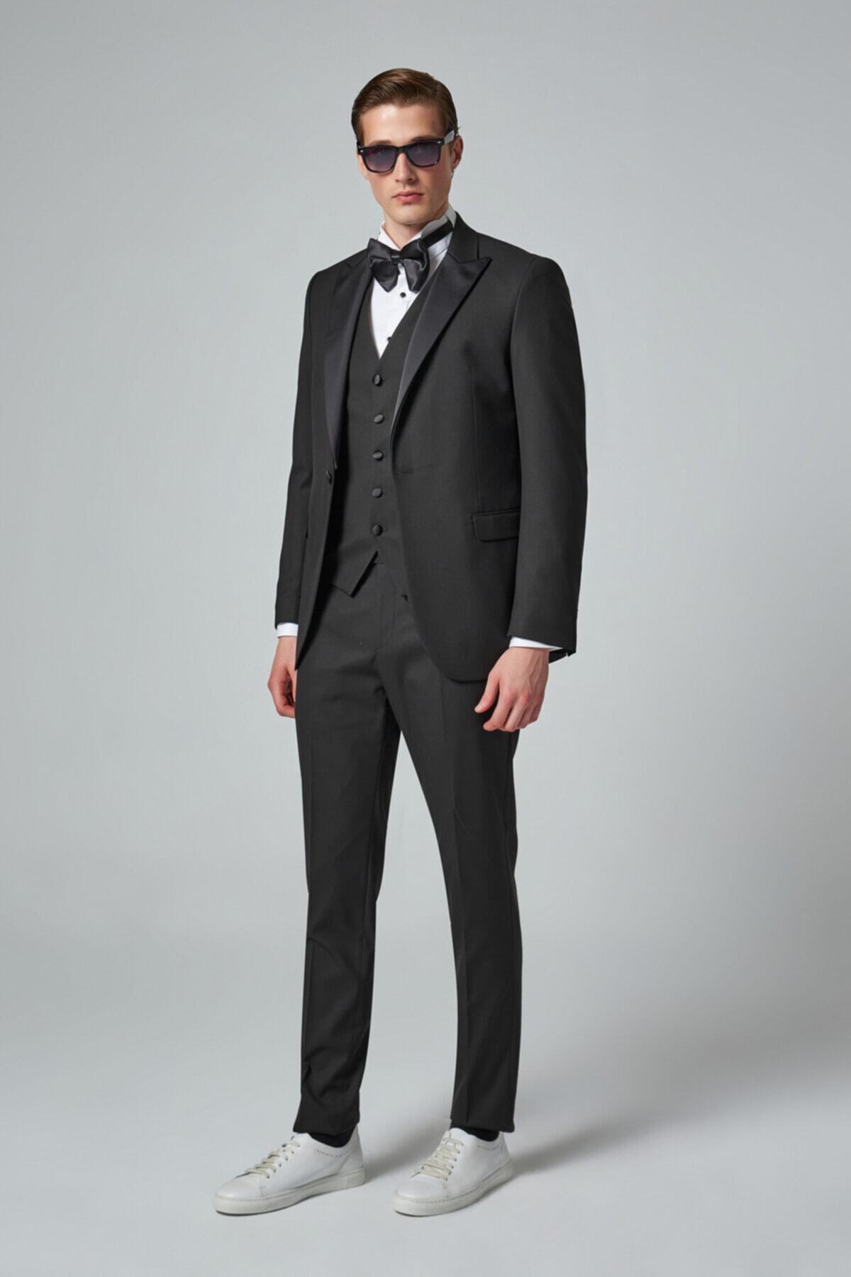 Tween Slim Fit Siyah Armürlü Smokin Takım Yelekli