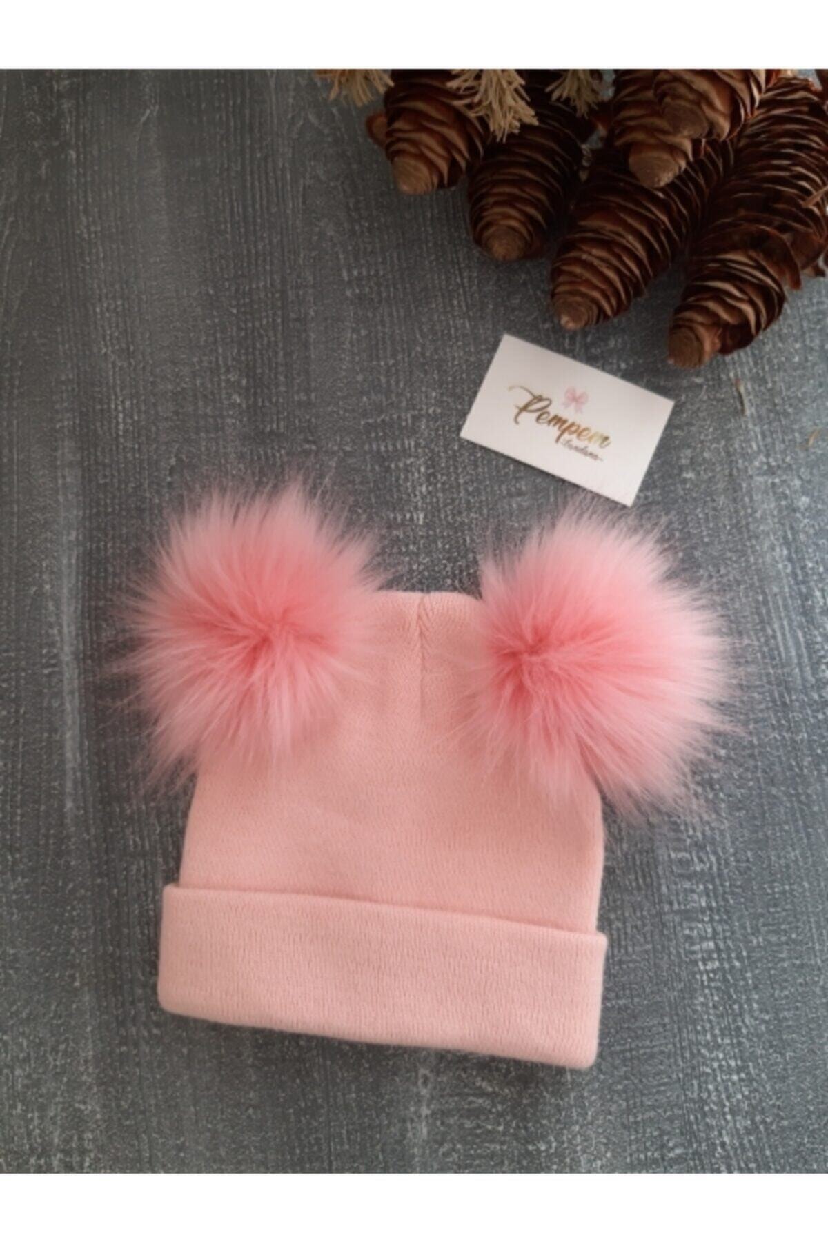 pempem bandana Kız Bebek Pembe Ponponlu Bere