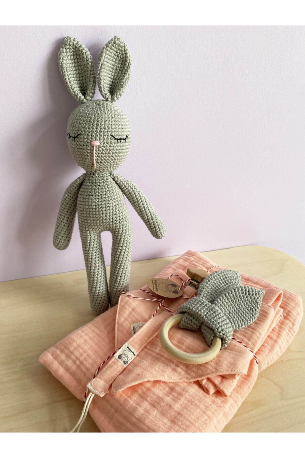 Babyandsheep Dört Katlı Müslin Ve Amigurumi Oyuncak-diş Kaşıyıcı Seti ( 6 Parça- Pembe Gri)