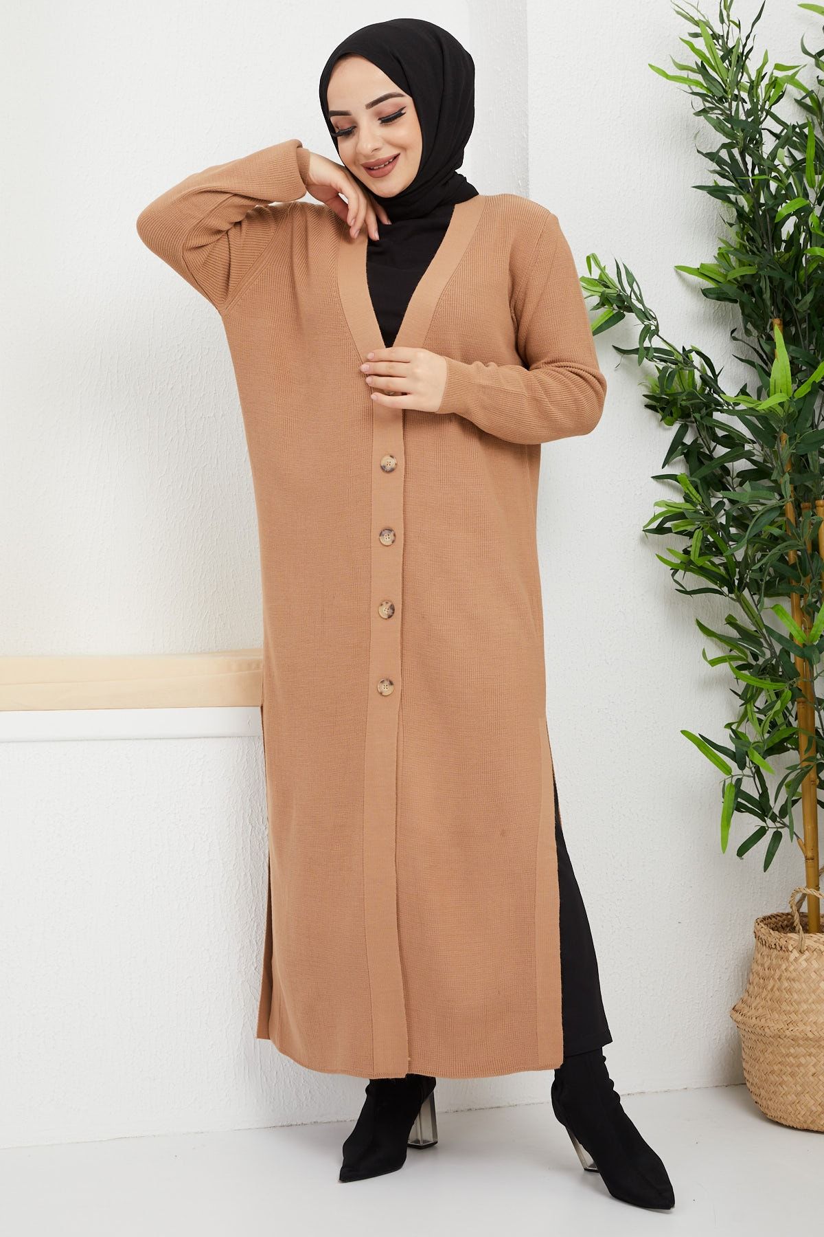 İmajButik Tam Boy Selanik Örgü Triko Hırka/camel