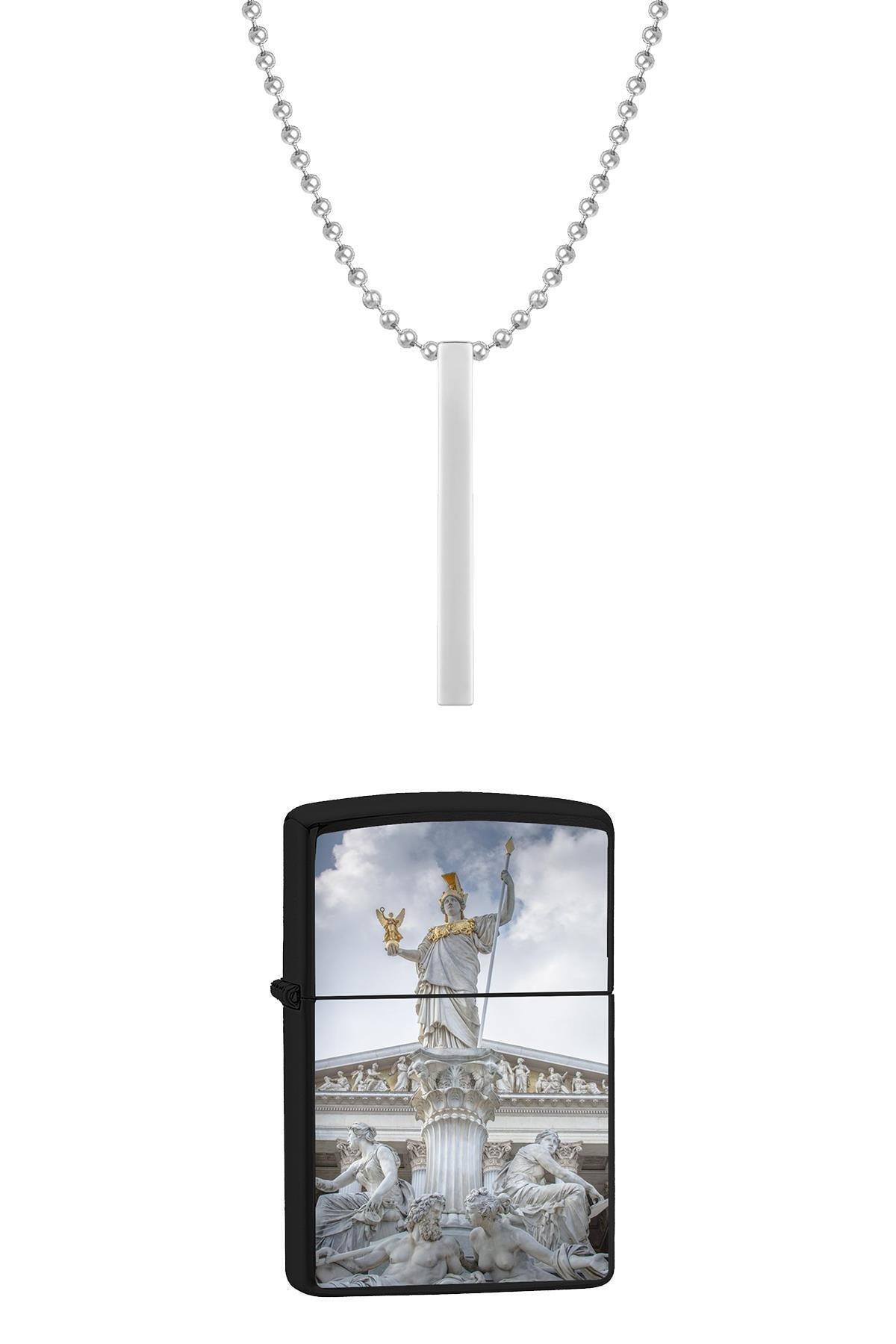 Noon Collection Noon Heykel Figürlü Siyah Çakmak/kolye Set Nn9214-02