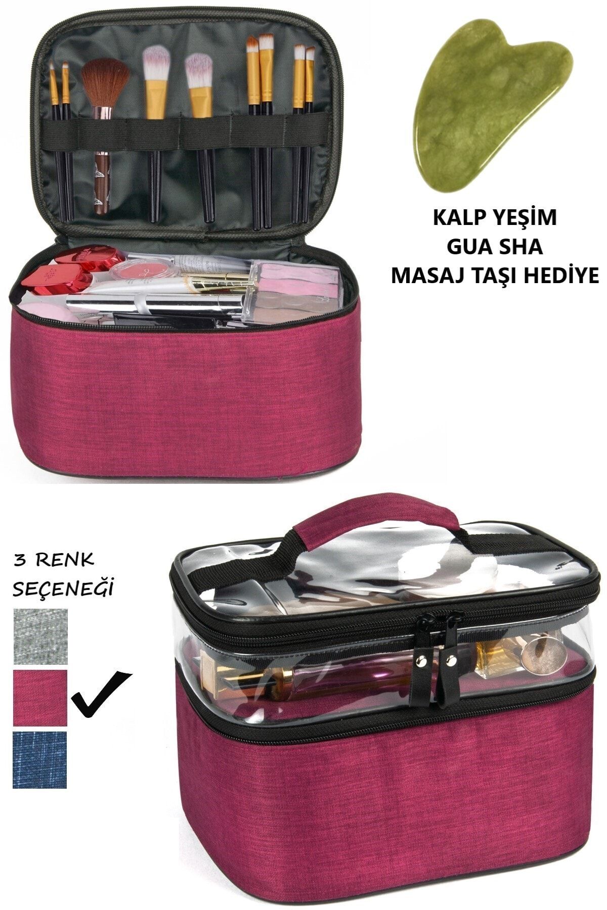 3 Mor Makyaj Çantası Ve Yeşim Gua Sha Masaj Taşı, Seyahat Gezi Çantası