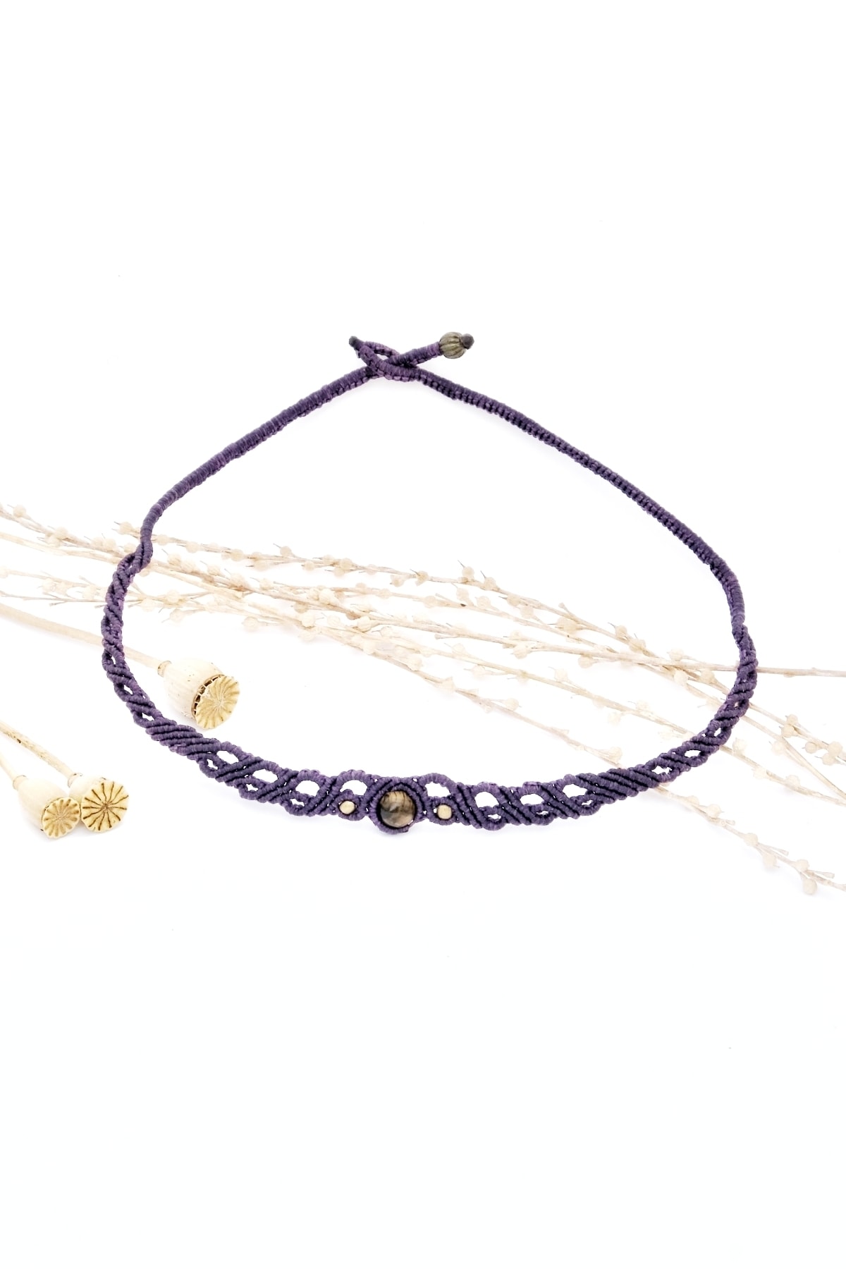 Macralien doğaltaş ve tasarım ürünler Macralien Makrome Bohem Choker Tasarım Kadın Yeşim Doğal Taş Mor 38cm Klipsli Boyun Kolye