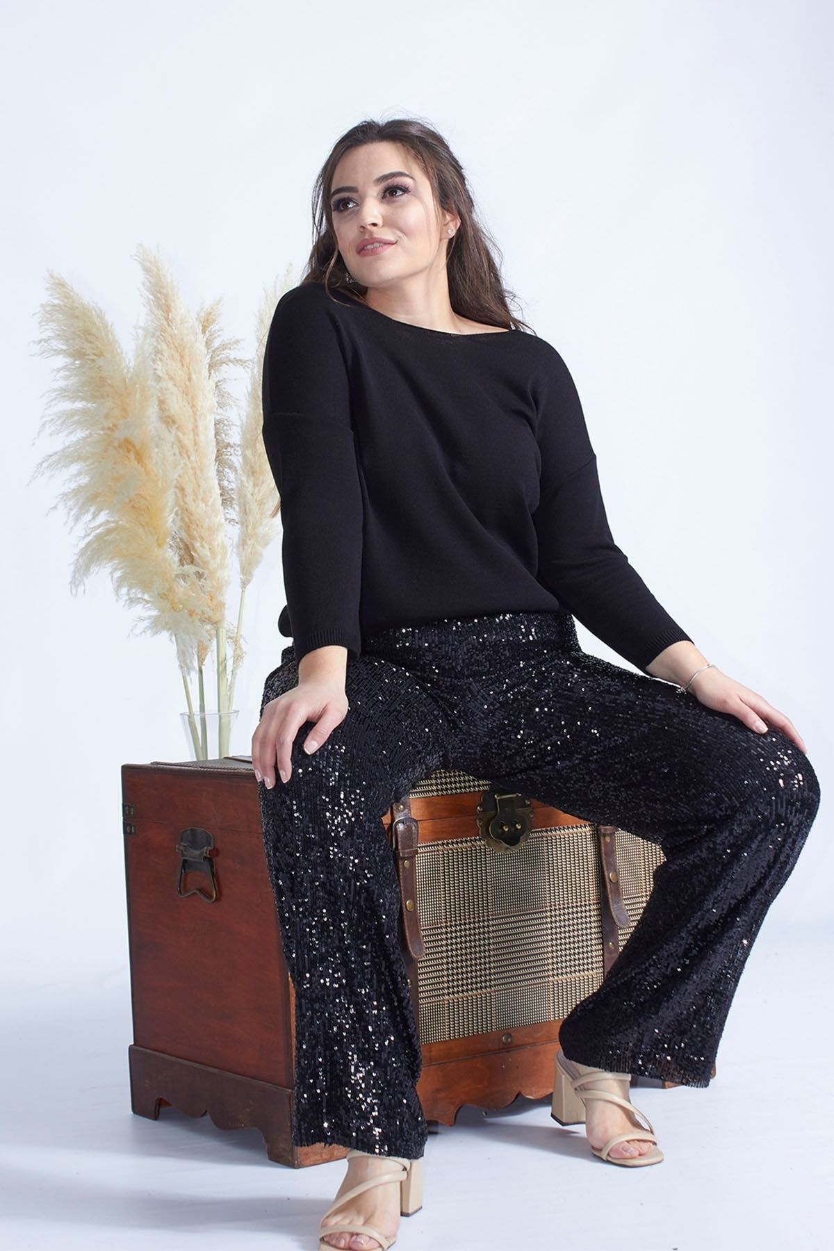 Moda Berray Siyah Payetli Büyük Beden Pantolon 4024