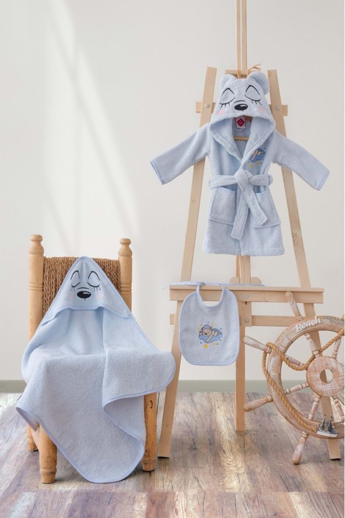 Cotton Box Bebek Banyo Seti (bornoz+kundak+önlük)-bear Mavi