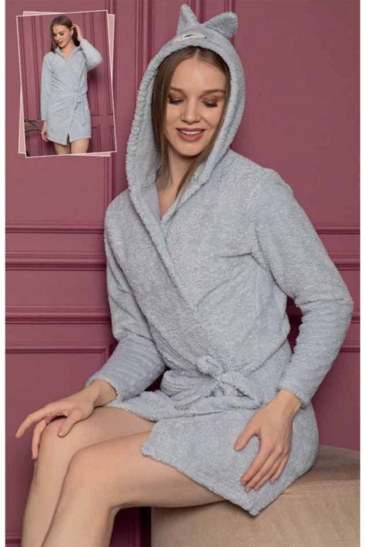 IMER FASHION Kadın Gri Nakışlı Kapüşonlu Welsoft Peluş Sabahlık