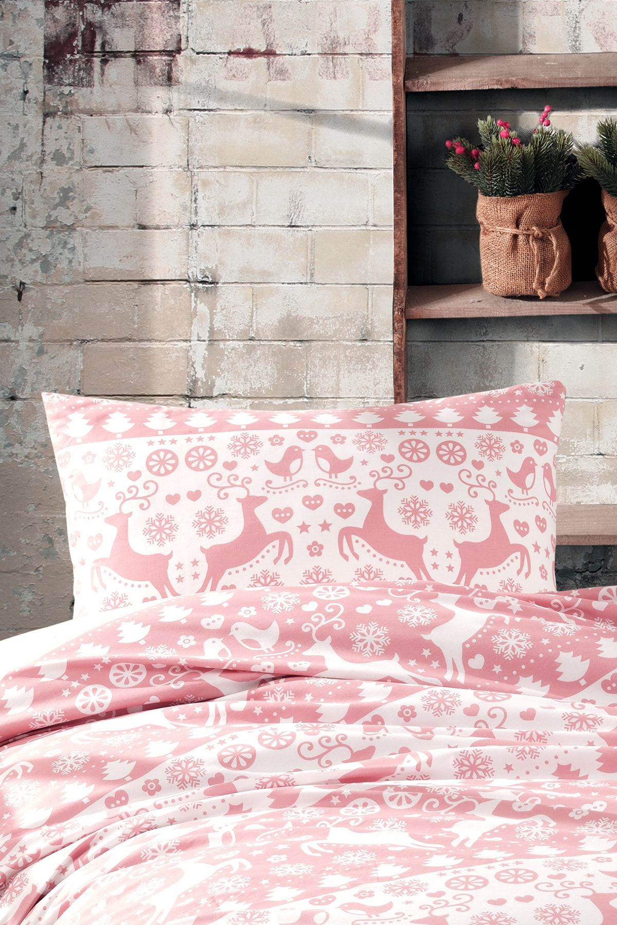 Cote Blanc Xmas Rose Elch %100 Pamuk Ranforce 2'li Yastık Kılıfı 50x70 Yılbaşı