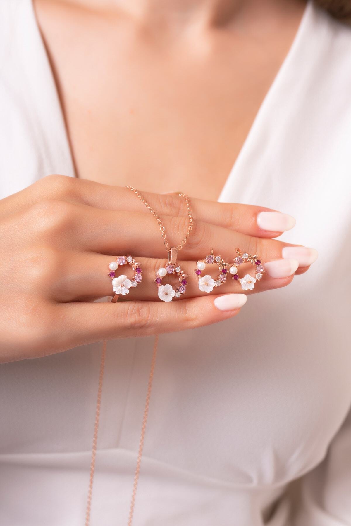 Eva Jewelry Orkide Küpe/yüzük/kolye 3'lü Ayarlanabilir 14 K Rose Gold Kaplama Kadın Set