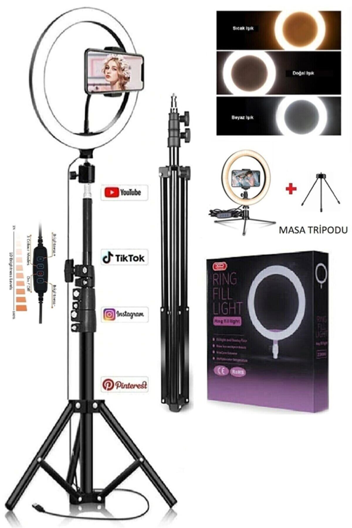 BST BRANDSHOPPİNGTR Youtuber Tiktok Çekim Ring Light Telefon Tutucu Makyaj Işığı 10 Inç +2.1 Mt Tripod+ Masa Standı Işık