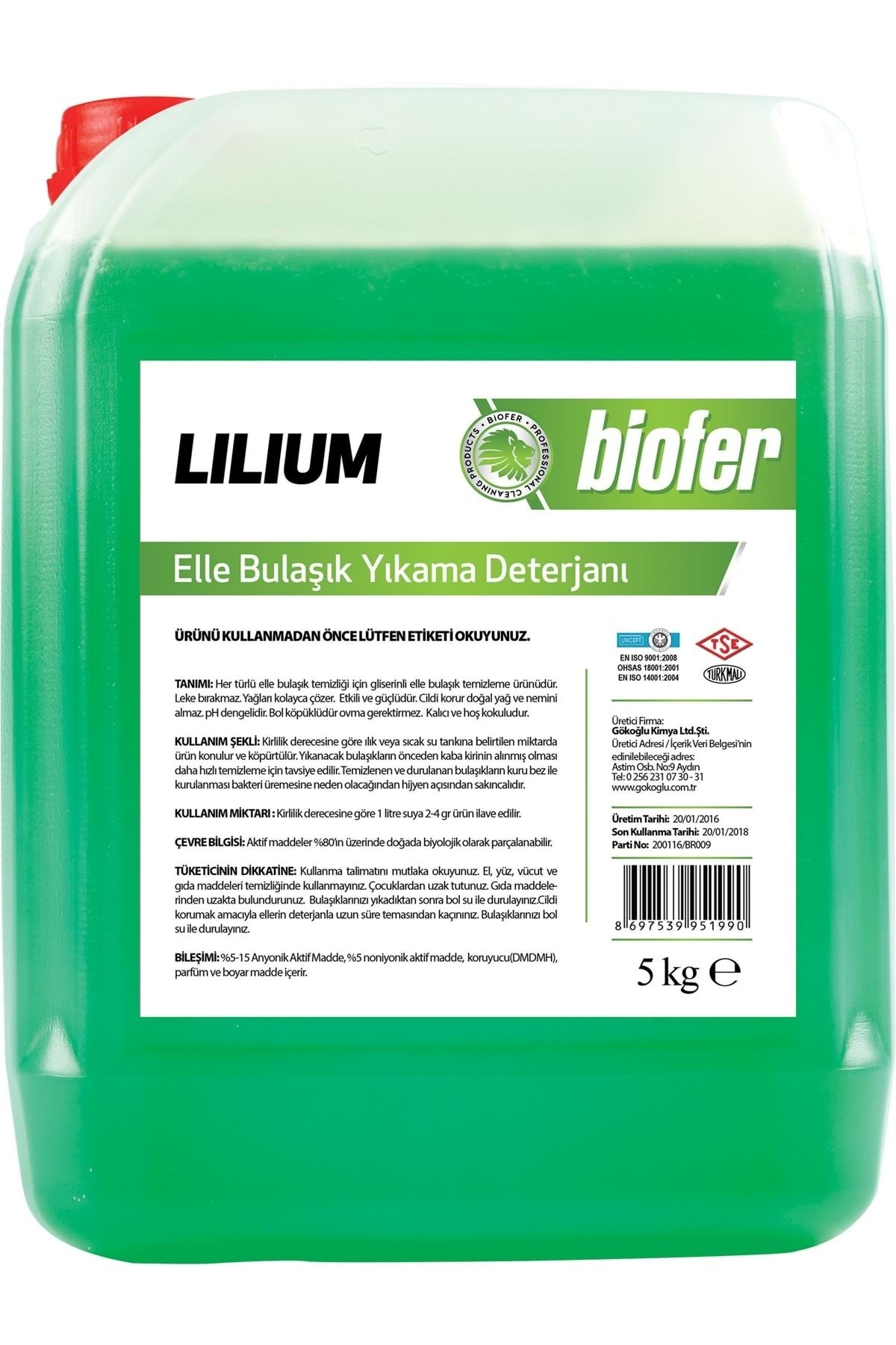 Biofer Lilium Elle Bulaşık Yıkama Deterjanı Limon 5 Kg