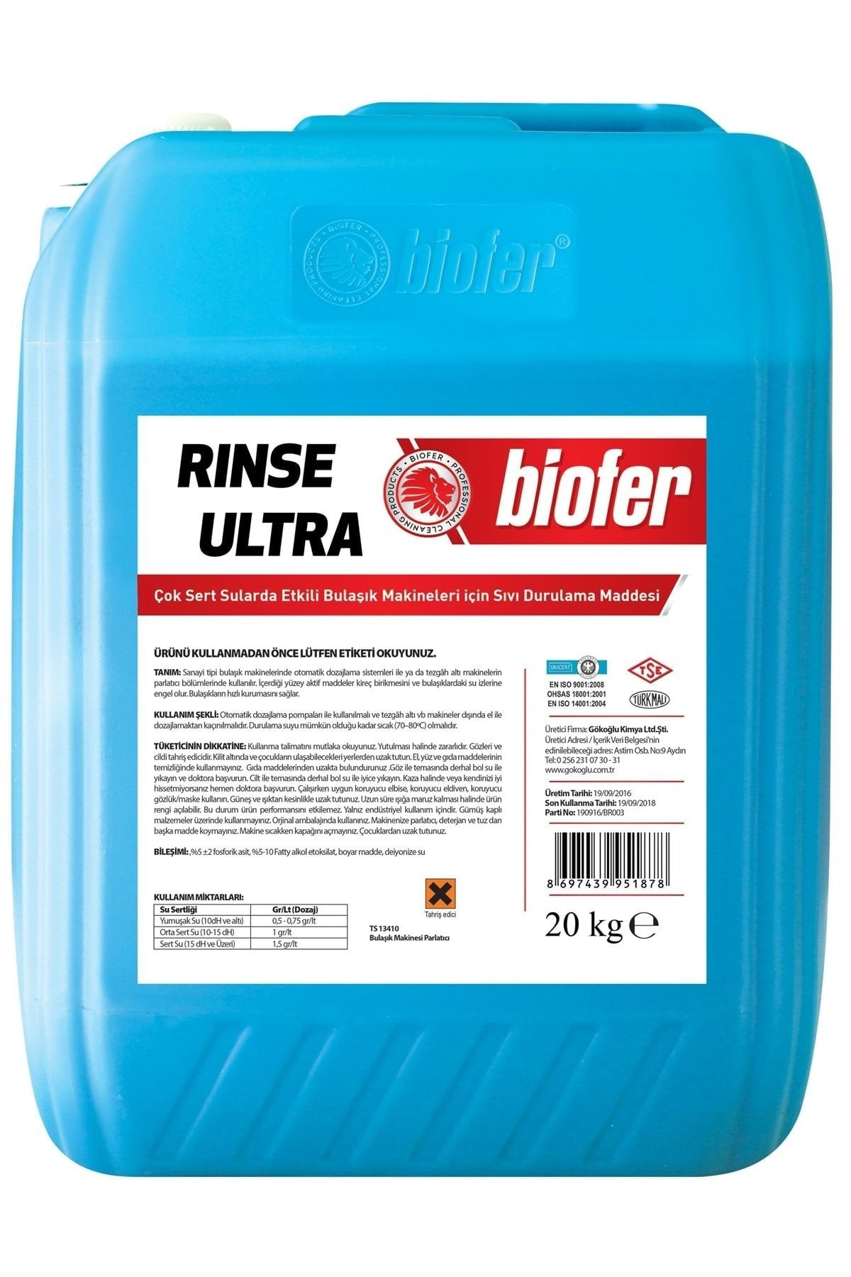 Biofer Rinse Ultra Bulaşık Makineleri Için Sıvı Durulama Maddesi 20 Kg