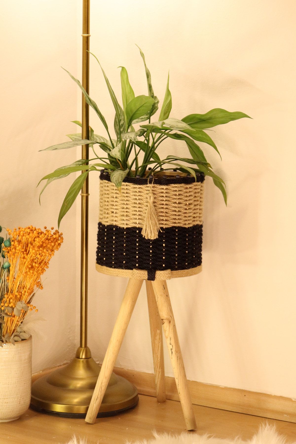 Monchi Jüt Örgü Ahşap Saksılık Naturel/siyah 36 Cm