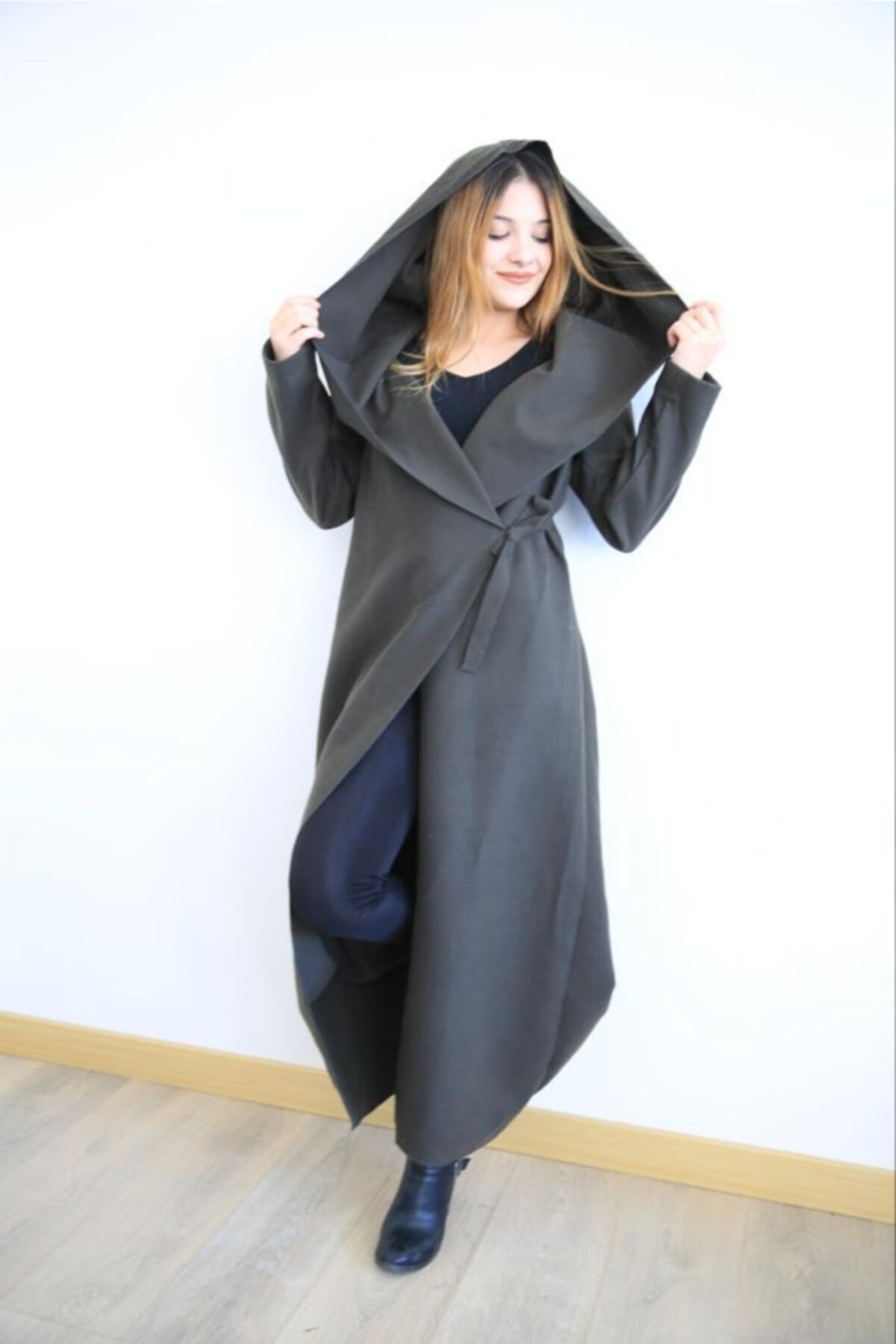 DRN Fashion Trençkot Kaşe Kapşonlu
