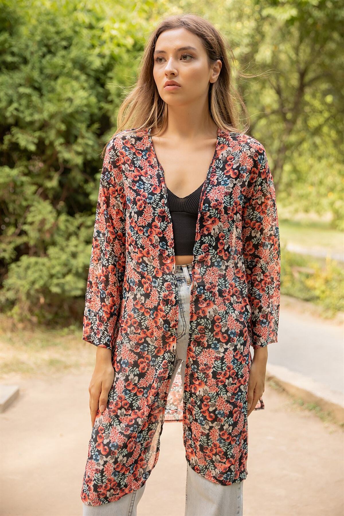 Denzfashion Kadın Kırmızı Şifon Kimono