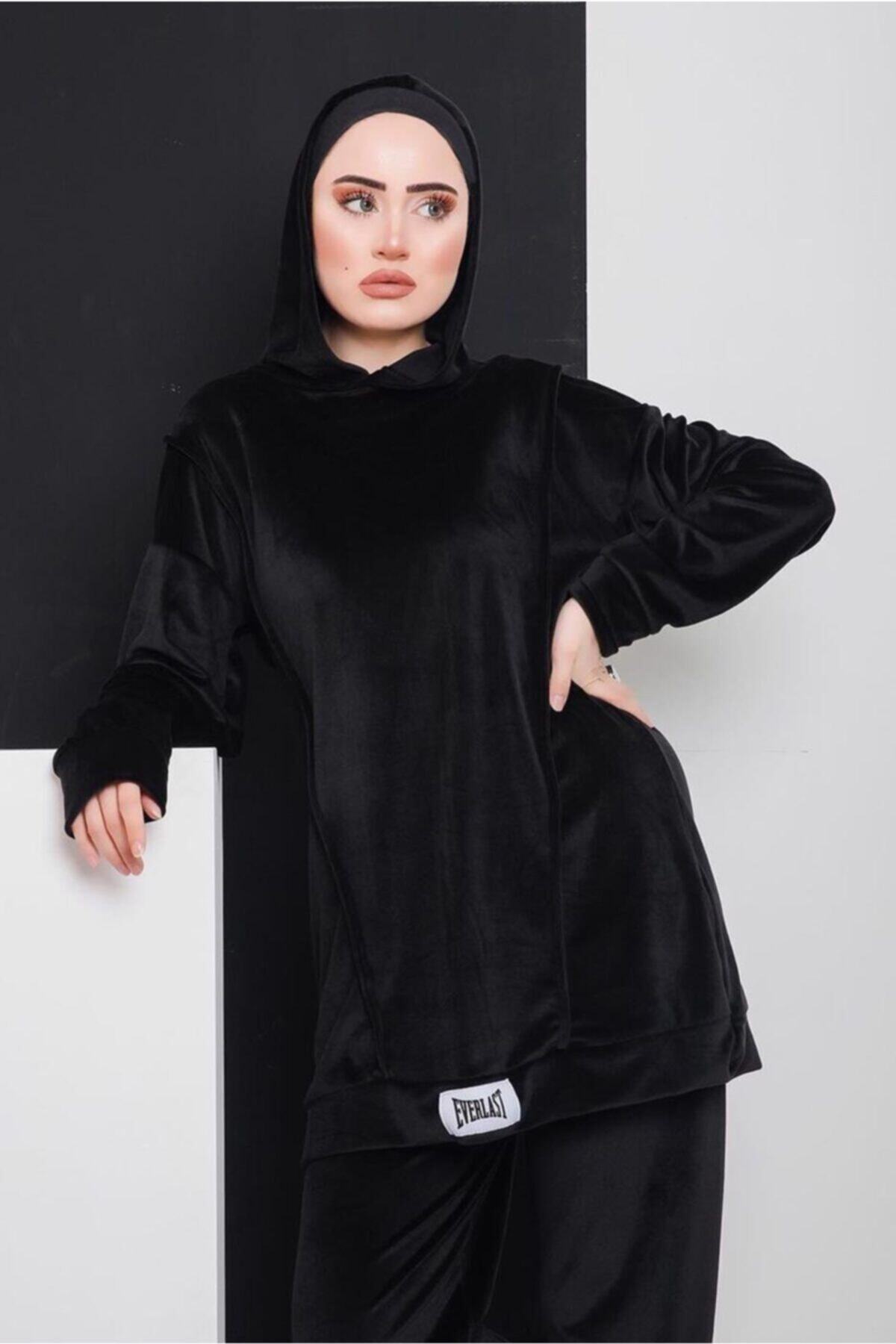 TRENDTESETTÜR Yazı Detaylı Kapüşonlu Kadife 256li Pant. Takım 0596