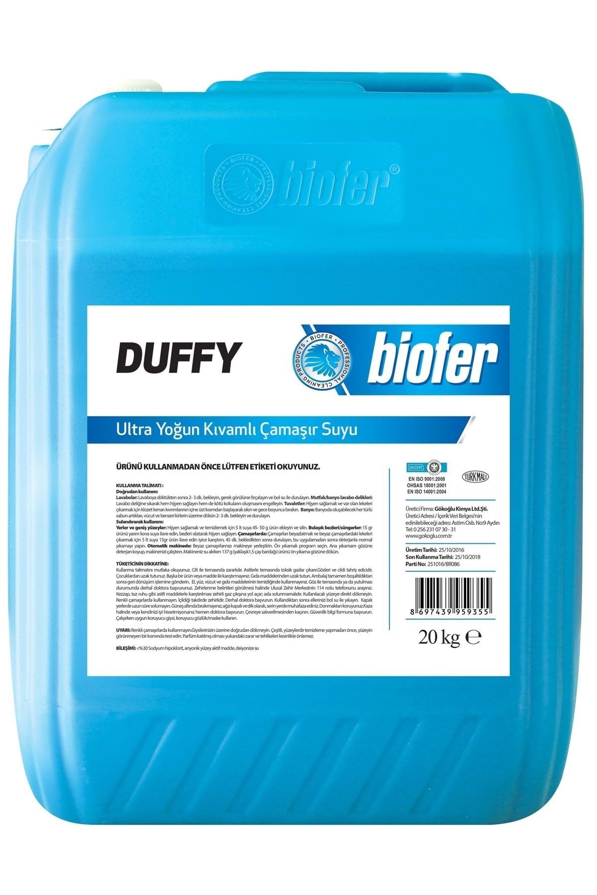 Biofer Duffy Hijyenik Ultra Yoğun Kıvamlı Çamaşır Suyu 20 Kg