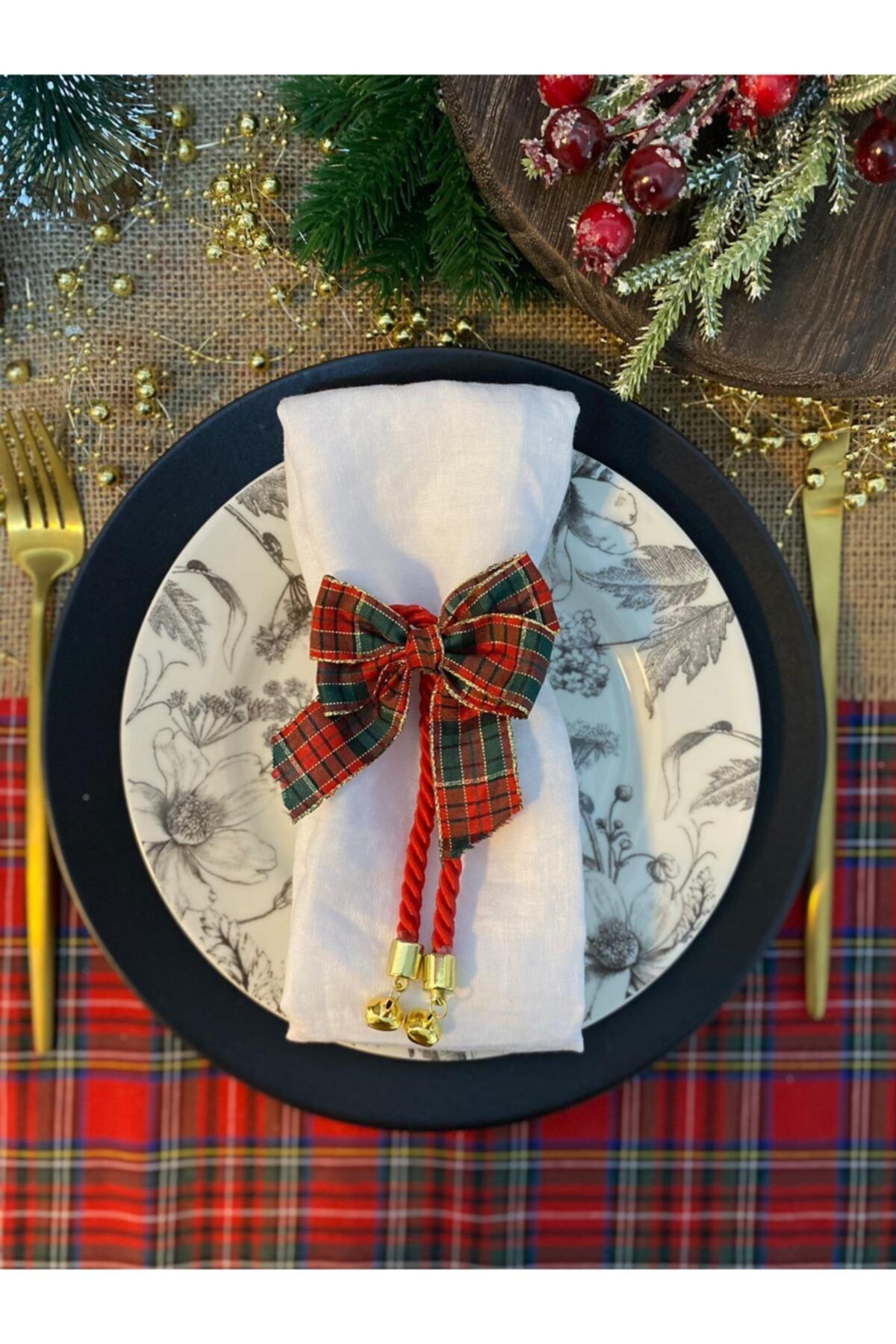 Motif Aksesuar 6'lı Set Ekose Fiyonklu Yılbaşı Noel Temalı Peçete Halkası