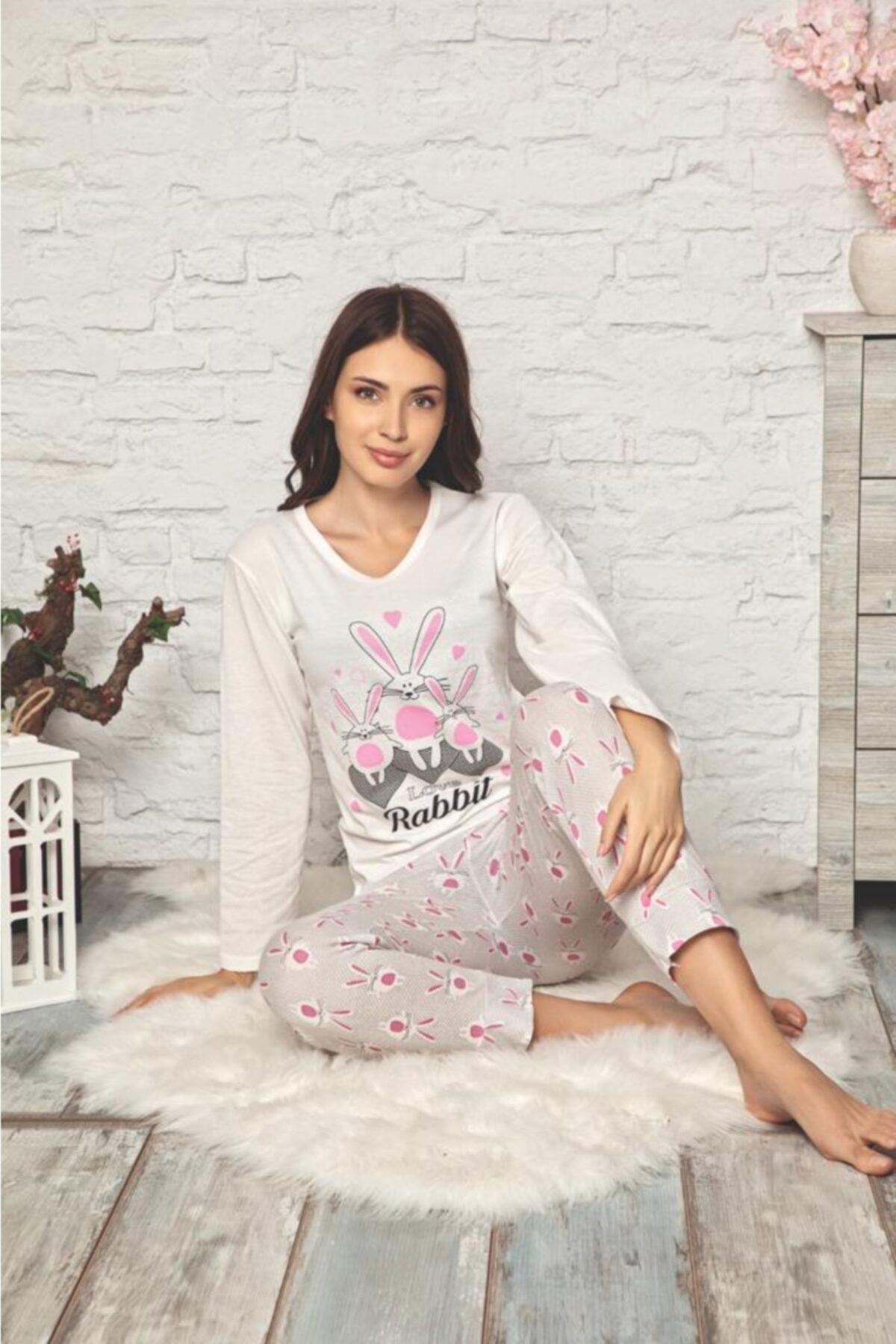 Moda Noche Tavşan Desenli Kadın Pijama Takımı
