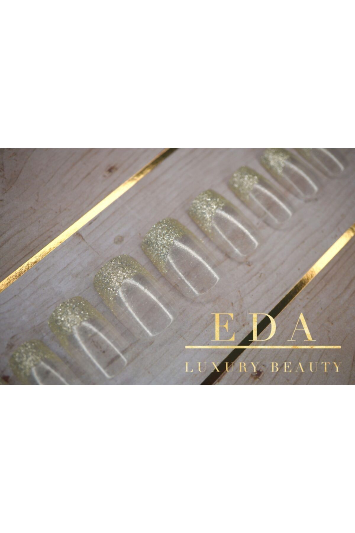 EDA LUXURY BEAUTY Gümüş Simli French Takma Tırnak Lüks Parlak Desenli Uzun Kare Nail Art Yapıştırıcılı Set