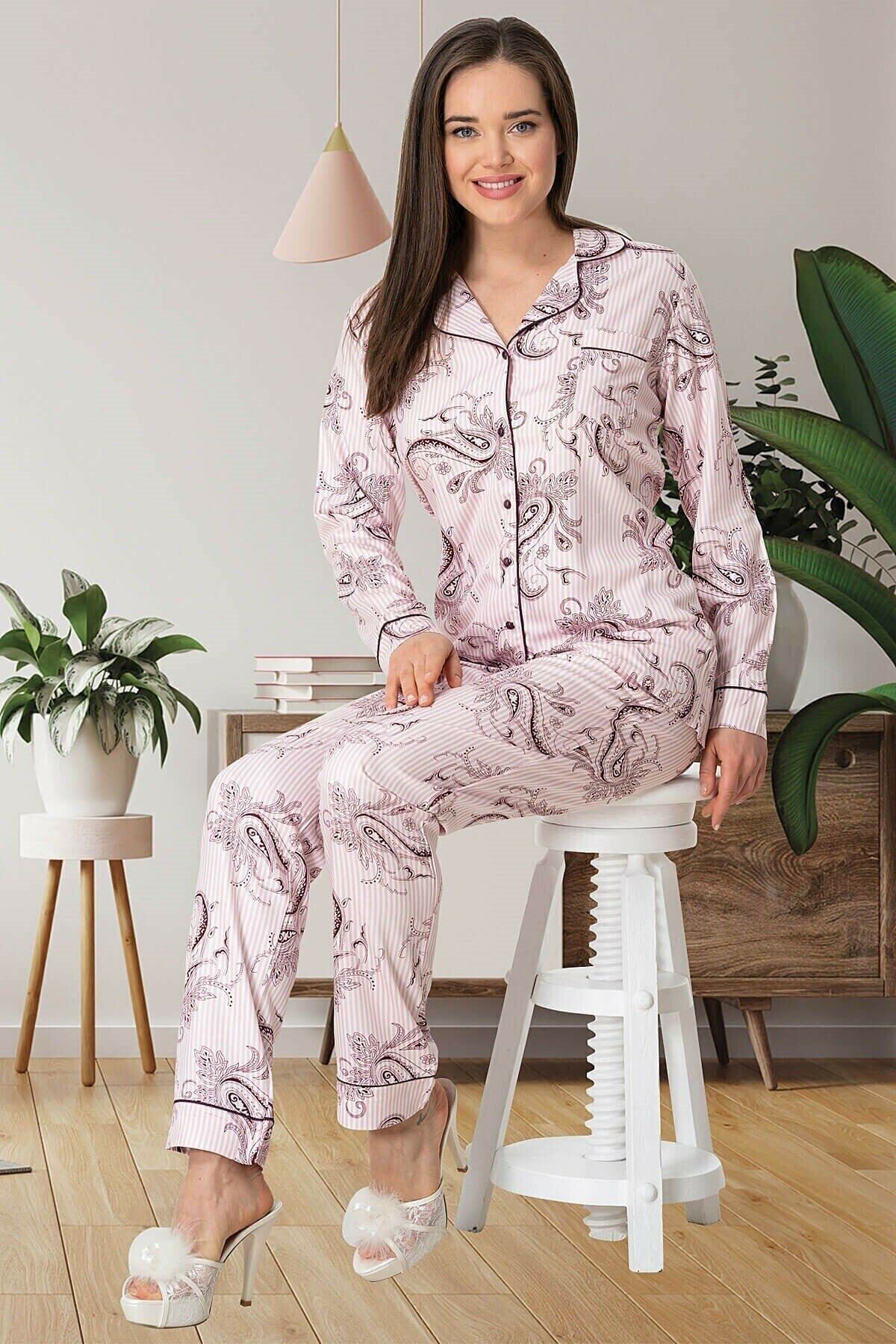 Bestin Kadın Pembe Büyük Beden Önden Düğmeli Pijama Takımı