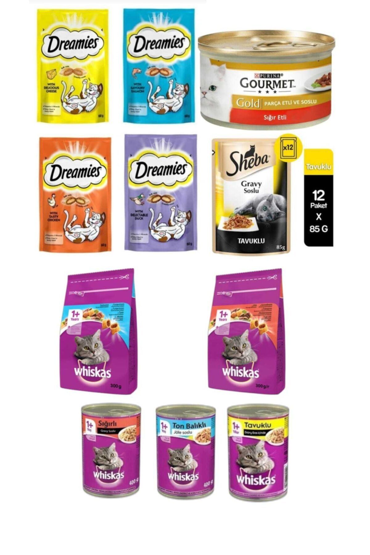 Whiskas Dreamies 4 Ad Karışık,purina Gourmet 85gr, Sheba Tavuk 85*12 Ad, 300gr*2 Ad, 400gr*3