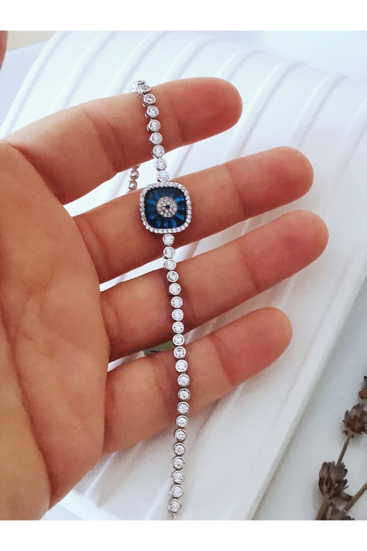 HarmanbySerap Gümüş Cam Göz Suyolu Bileklik