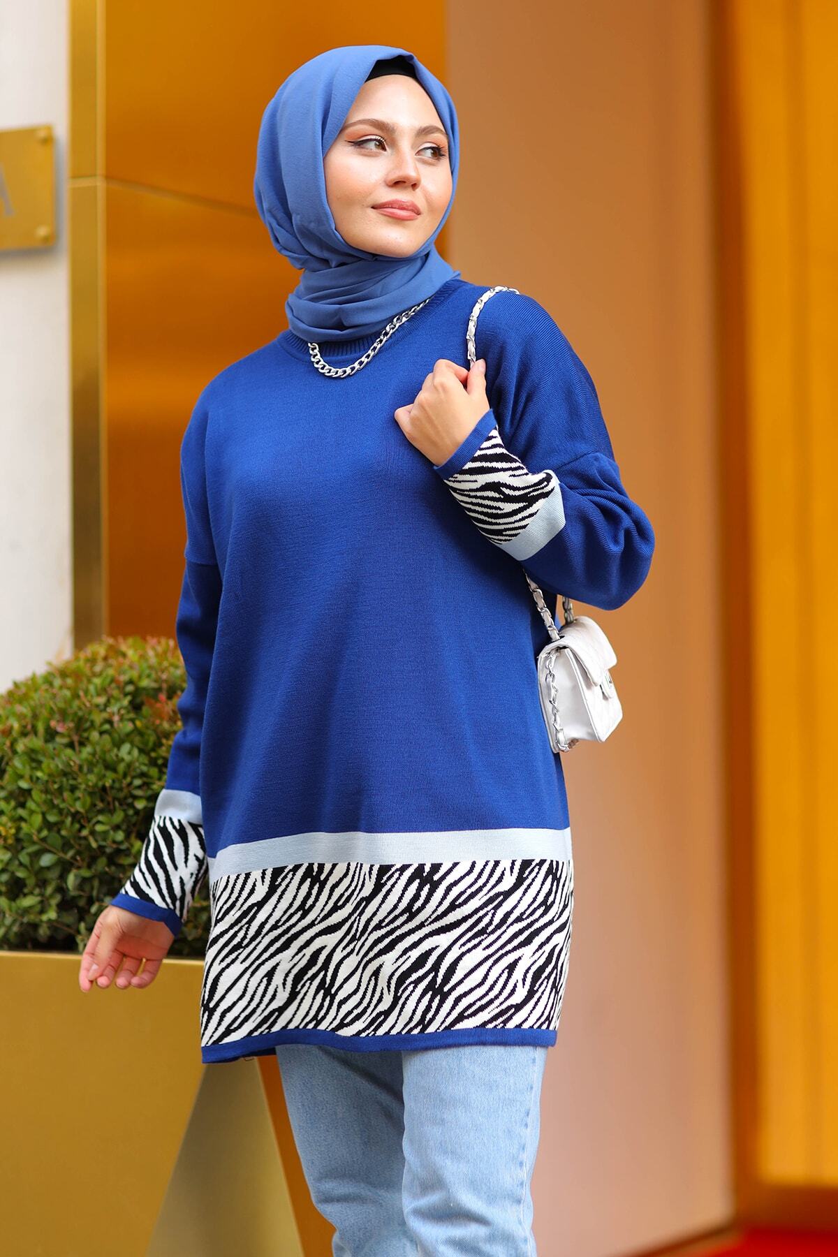 Rimel Moda Zebra Desenli Triko Tunik Mavi
