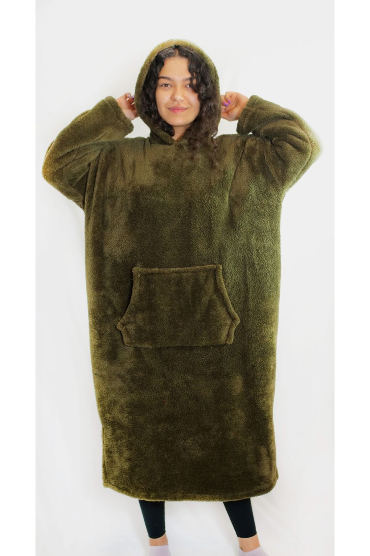 Safe Hometex Unisex Peluş Sweatshirt Tek Beden Hoodie Giyilebilir Battaniye - Haki