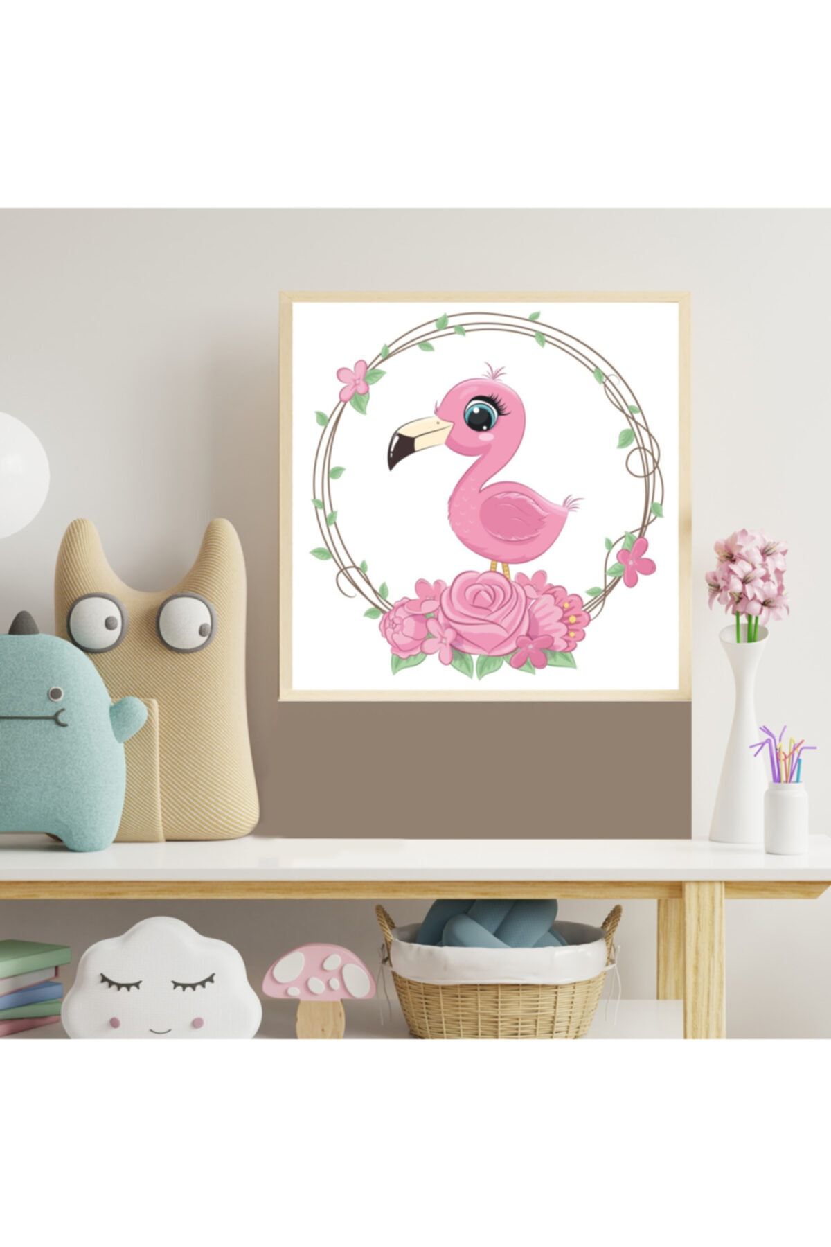 Deko Gonya Sevimli Flamingo Çocuk Odası Ahşap Çerçeve Tablo