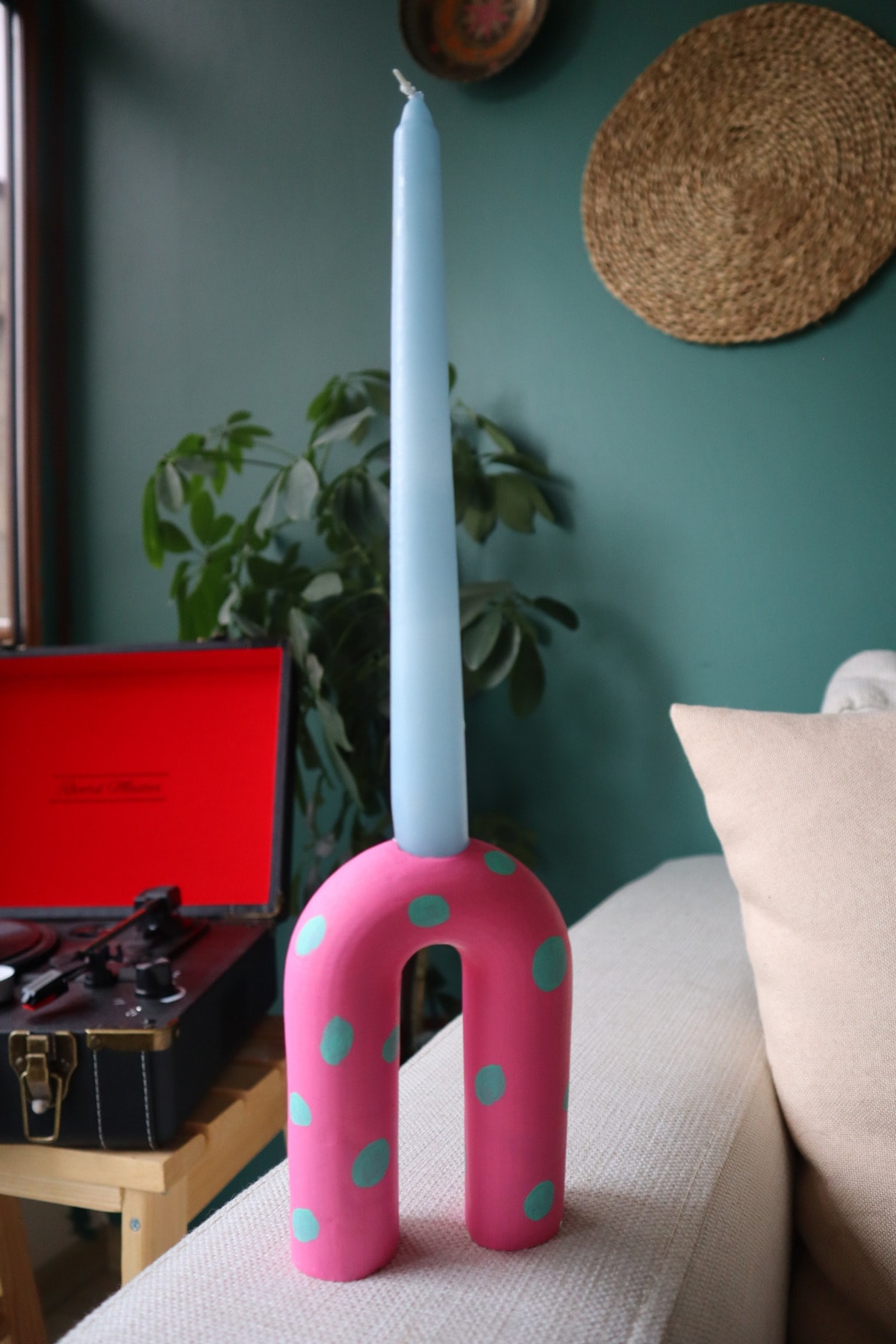 ARİENEL Mumluk Ve Şamdan El Yapımı Puantiyeli Pembe