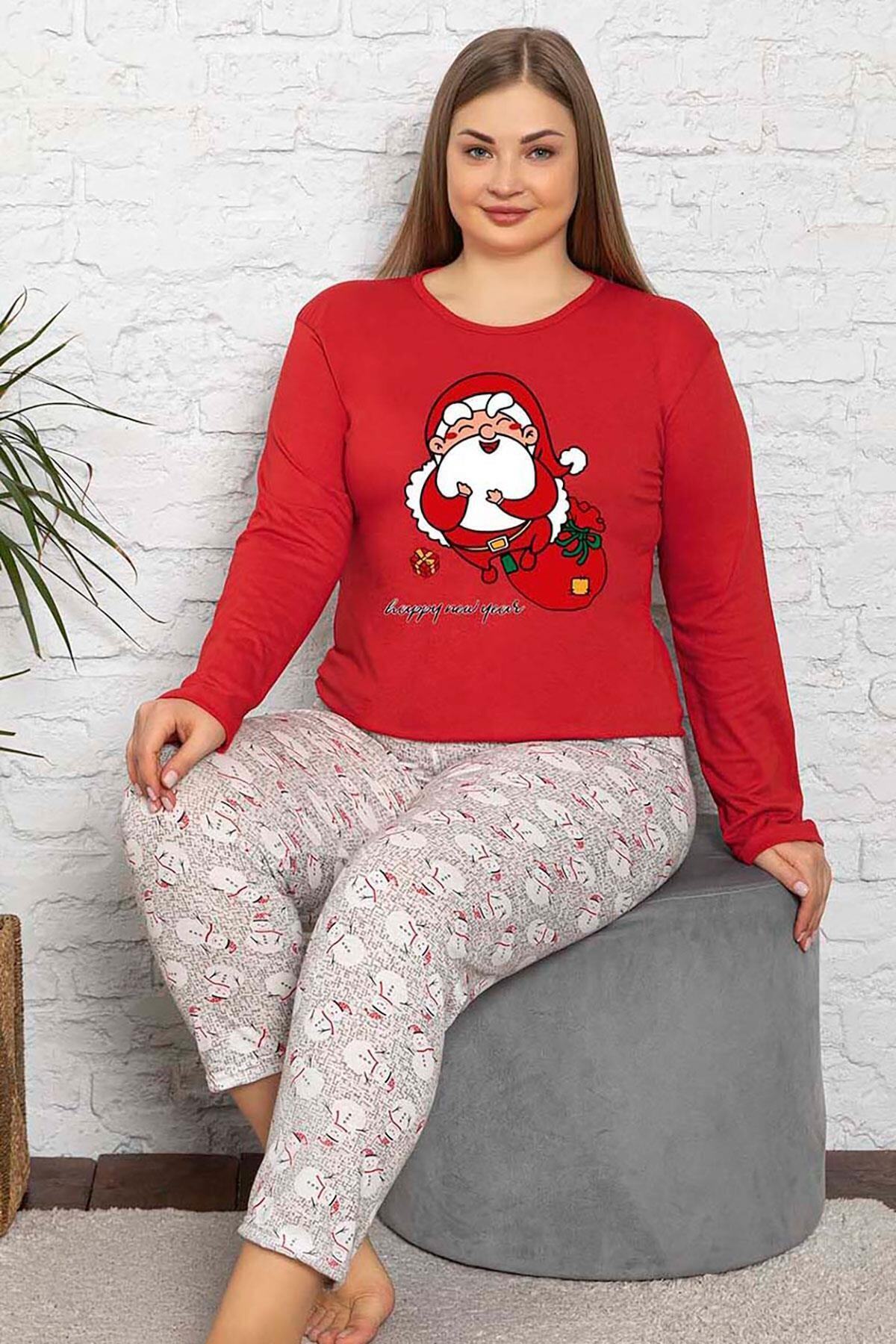 Siyezen Büyük Beden Noel Baskılı Yılbaşı Konsepti Pamuklu Kırmızı Pijama Takımı