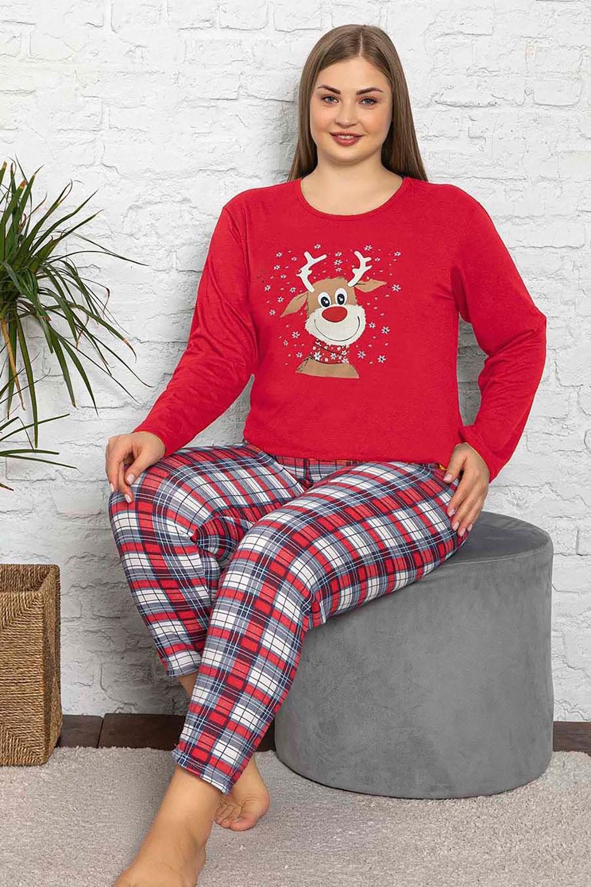 Siyezen Büyük Beden Geyik Baskılı Yılbaşı Konsepti Pamuklu Kırmızı Pijama Takımı