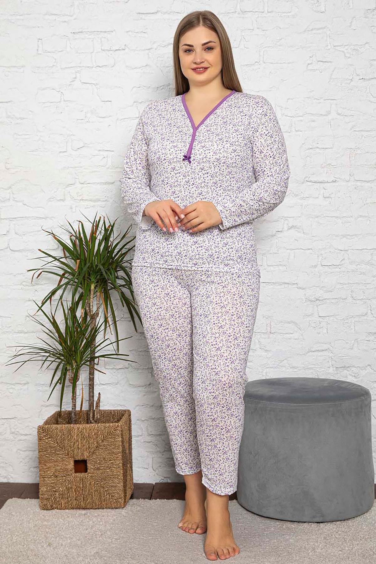 Siyezen Büyük Beden Anne Tarzı Çiçek Baskılı Pamuklu Lila Pijama Takımı