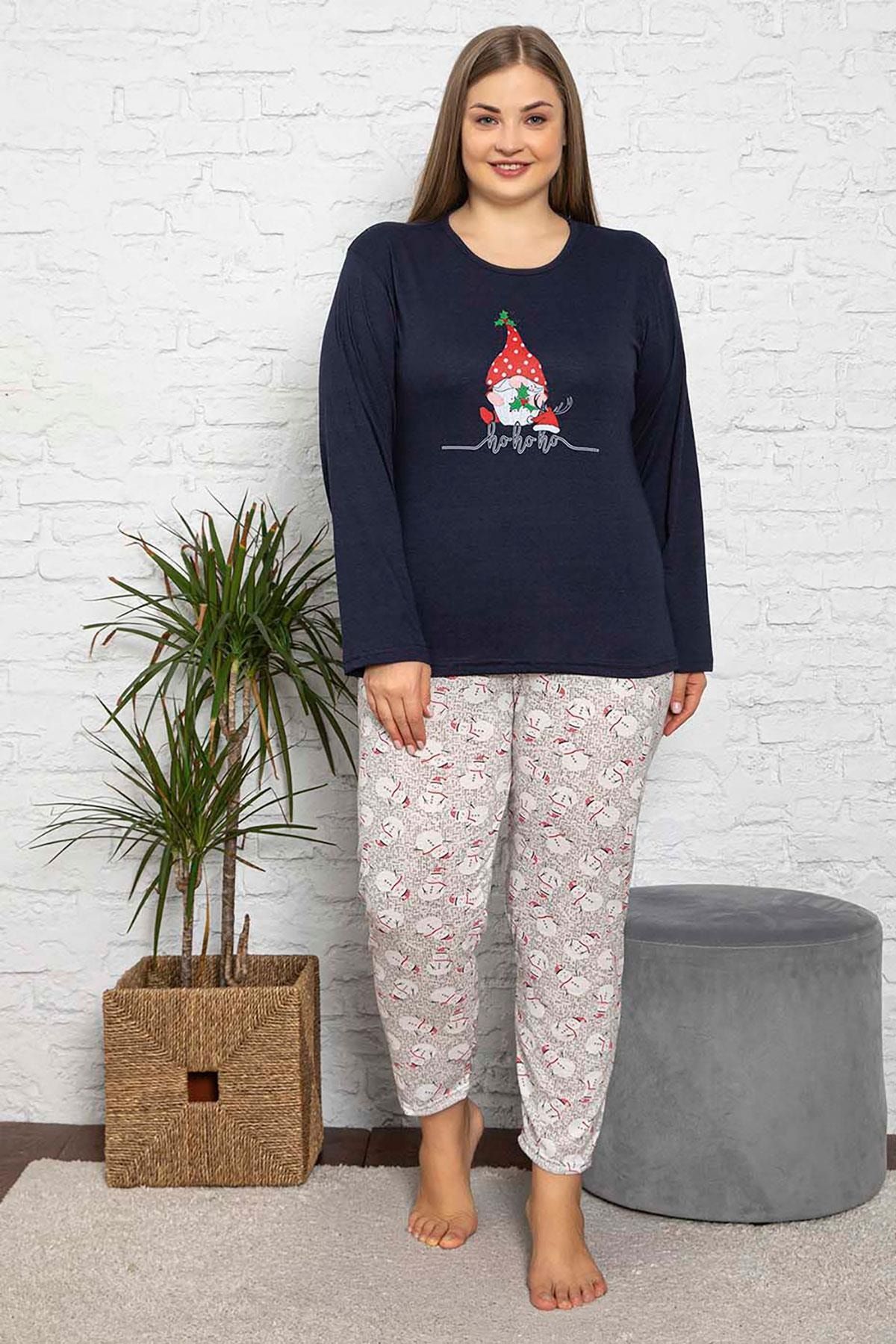 Siyezen Büyük Beden Baskılı Pamuklu Lacivert Pijama Takımı