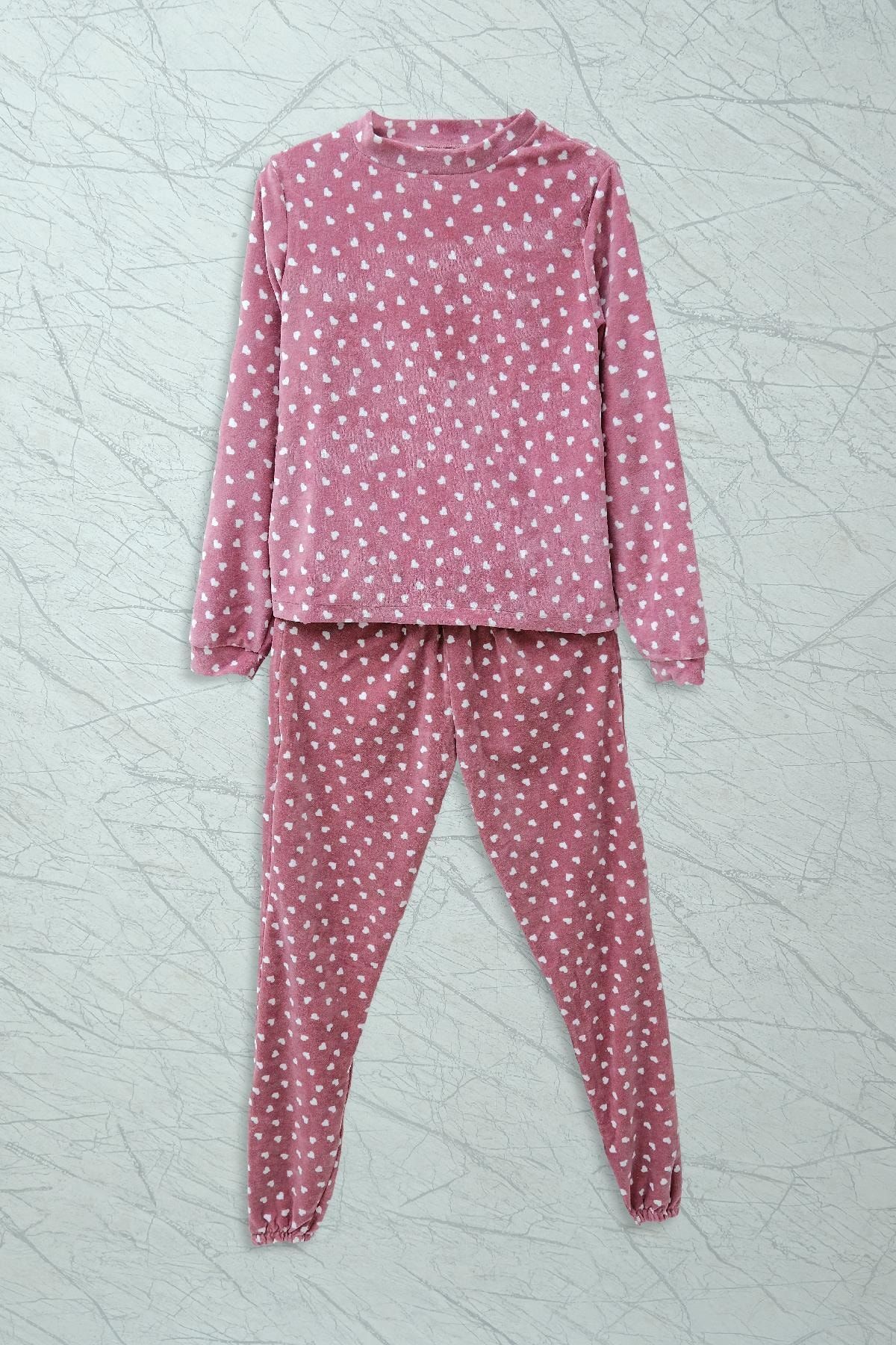 Woop Home Kalp Baskılı Kadife Pembe Pijama Takımı