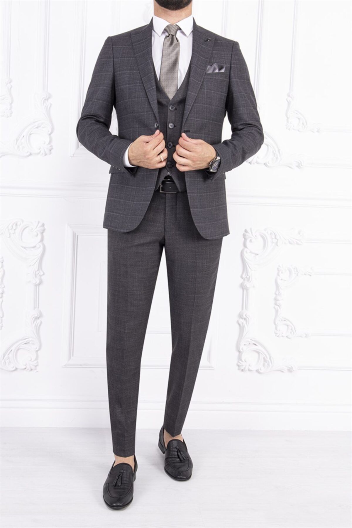 PACO ROMANO Erkek Slim Fit Sivri Yaka Gri Ekose Yelekli Kombin Takım Elbise