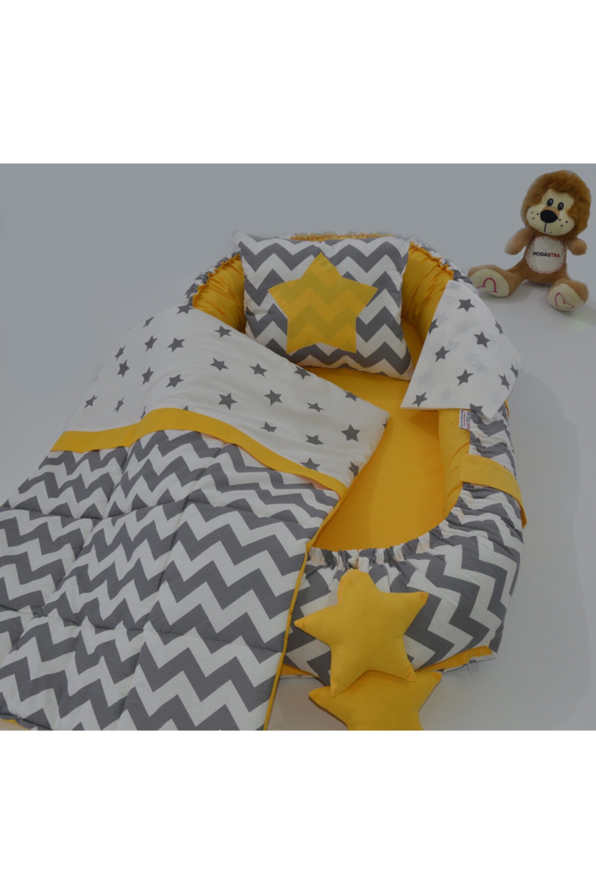 modastra Babynest Gri Zigzag Ve Sarı Tasarım Pikeli Baby Nest Set Bebek Yuvası
