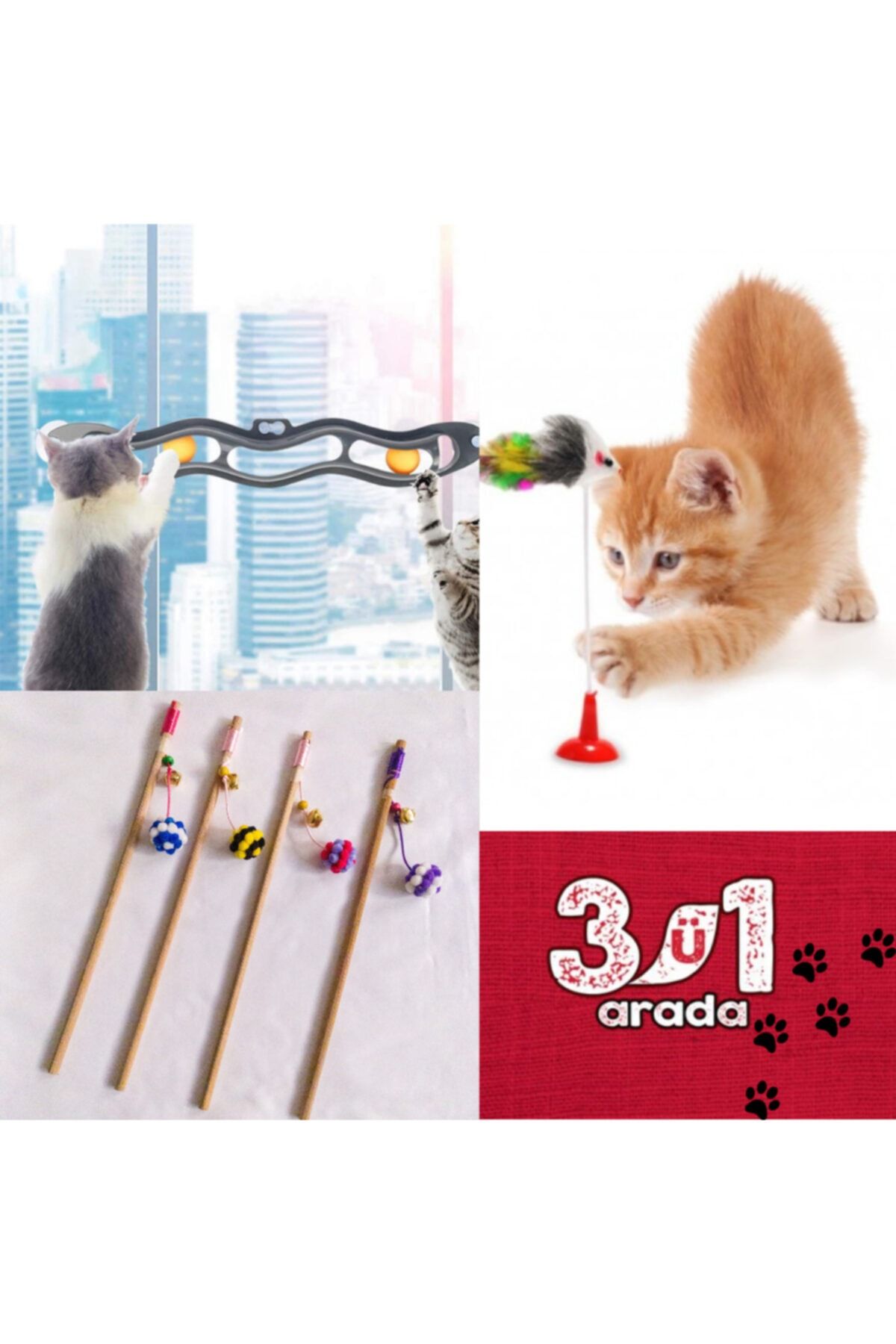 Raimat 3'lü Kedi Oyuncağı Set, 2 Toplu Vantuzlu Oyun Tüneli, Zilli Kedi Oltası, Vantuzlu Tüylü Fare