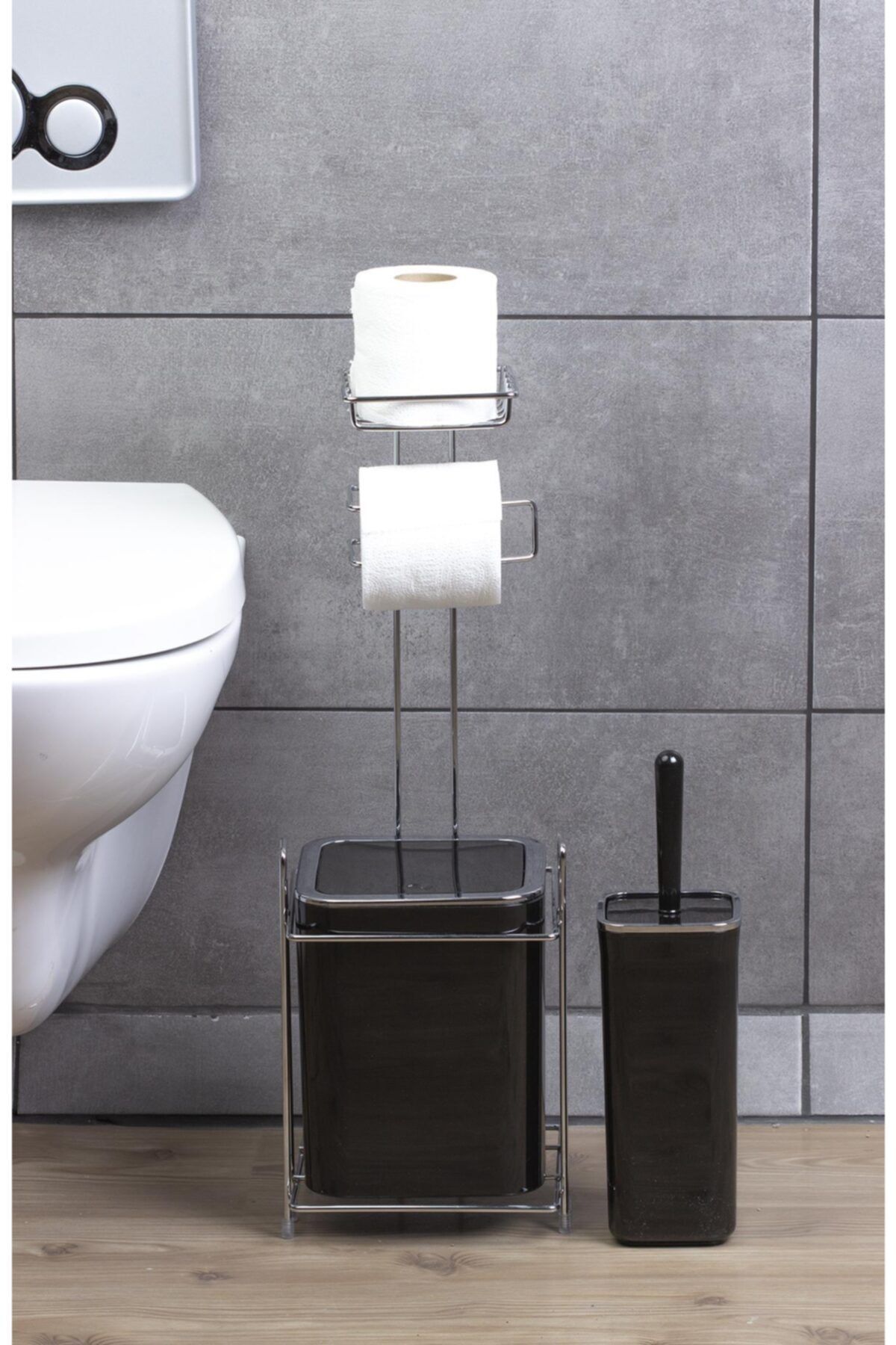 Okyanus Home Krom Yedekli Wc Kağıtlık - Siyah Çöp Kovası Ve Wc Fırça Seti