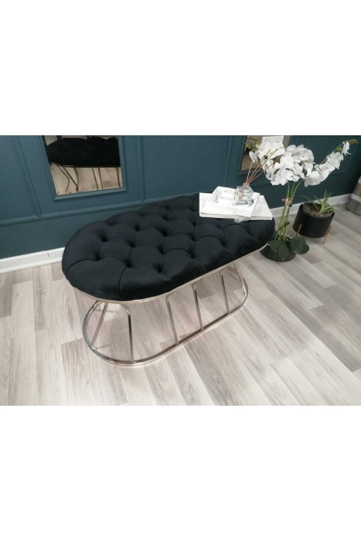 CADEN DECOR Elegance Puf Siyah / Krom Ayak