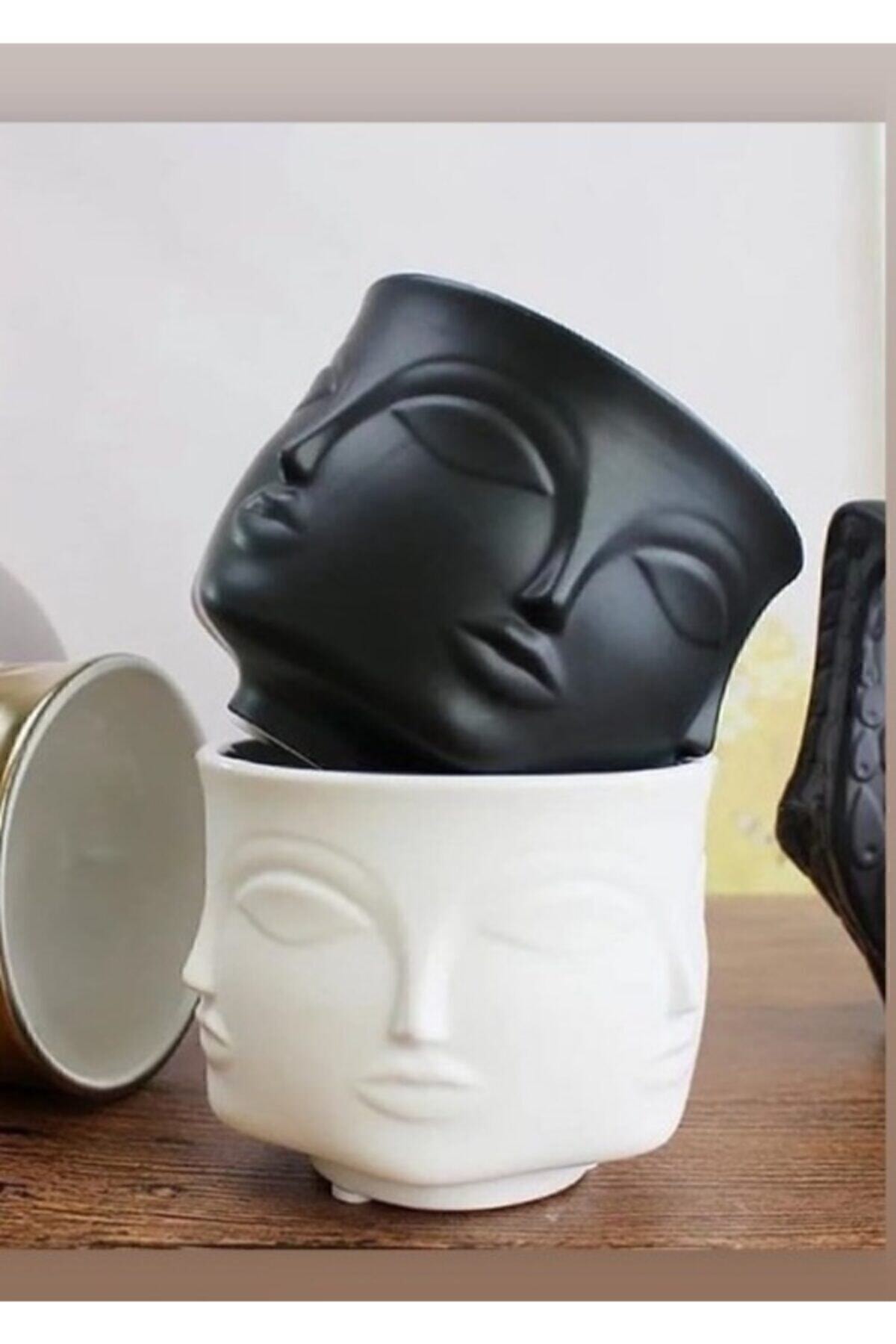 collection77 Dora Maar Musa Çok Yüzlü Beton Saksı&vazo 2'li Set (siyah-beyaz)