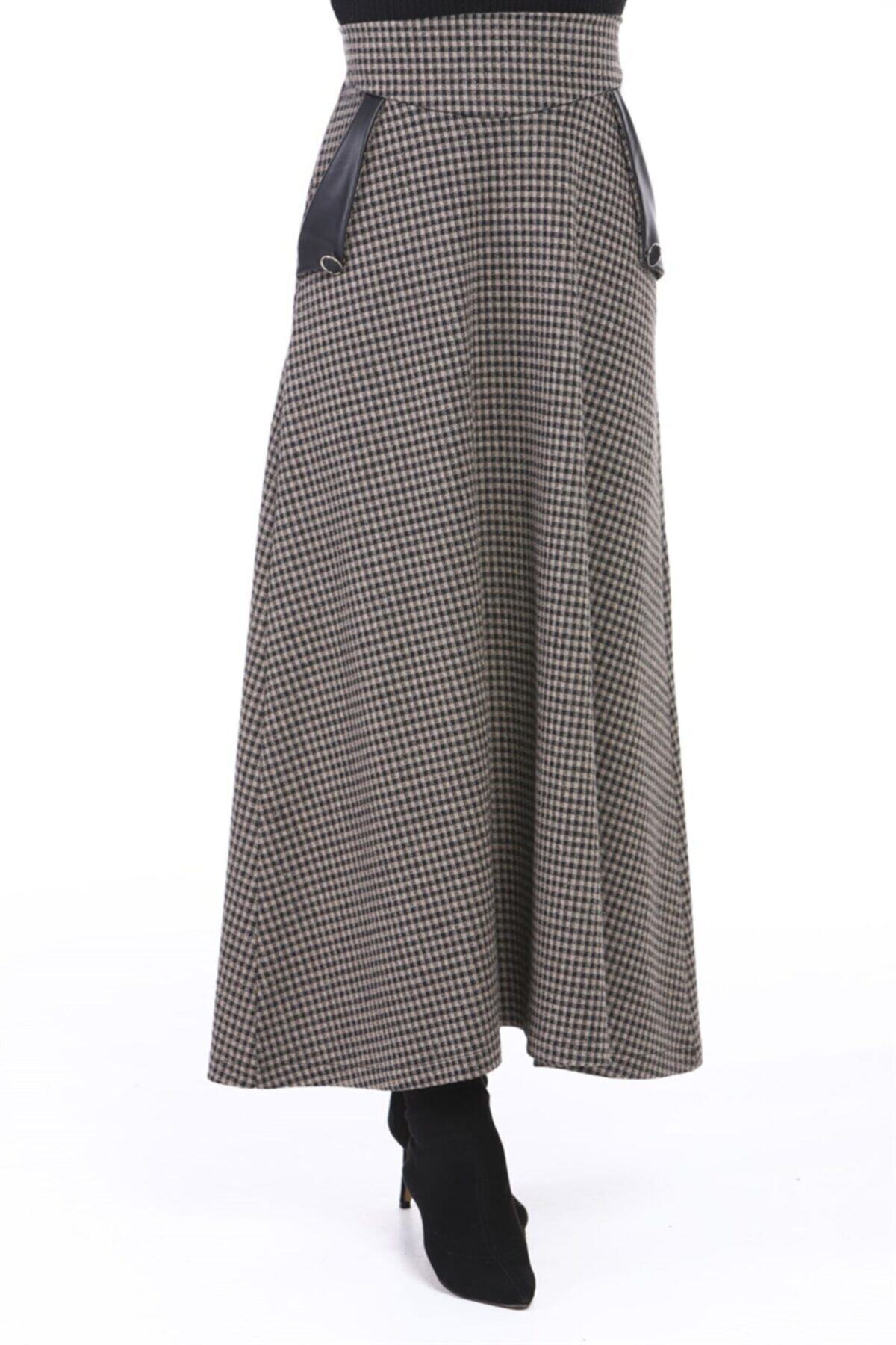 ModaBerfu Cebi Derili Etek 4050-kare Desen Vizon